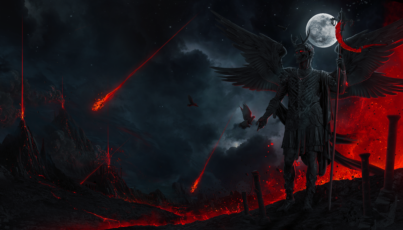 spear, Photoshop, wings, armor, birds, fire, meteorite, digital art, pillar, lava, smoke, night, volcano, dark, glowing, horns, men, Moon, asteroid, skull HD Wallpaper
