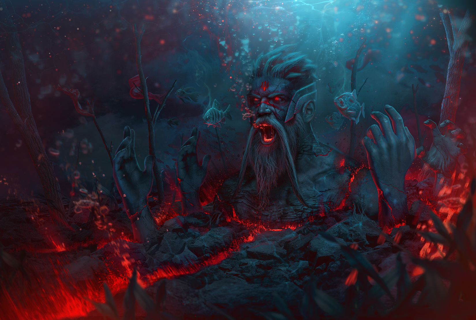 lava, glowing, dark, face, fish, Photoshop, hands, underwater, bubble, cracked, fire, sea, digital art HD Wallpaper