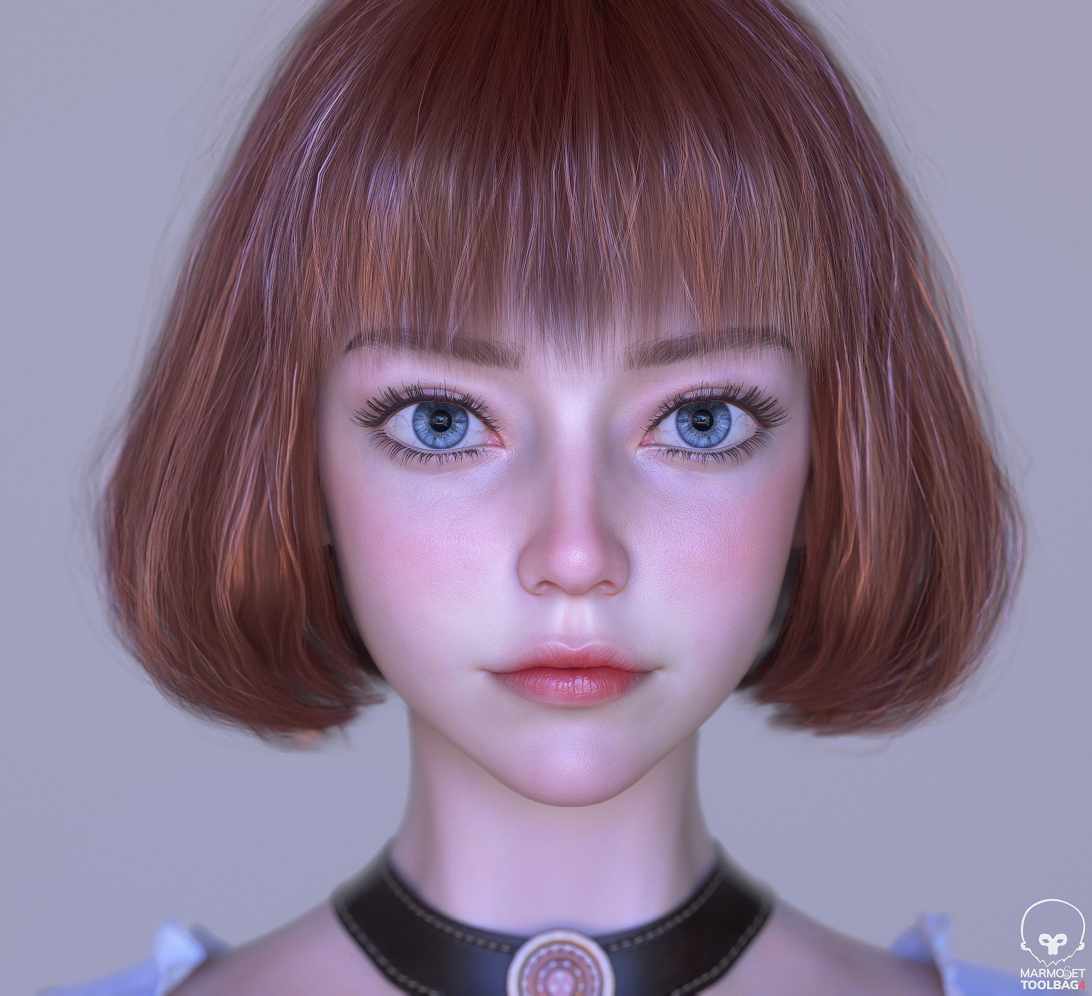 face, CGI, women, portrait, blush, simple background, bangs, short hair, blue eyes, brunette, choker, looking at viewer, wang chen HD Wallpaper