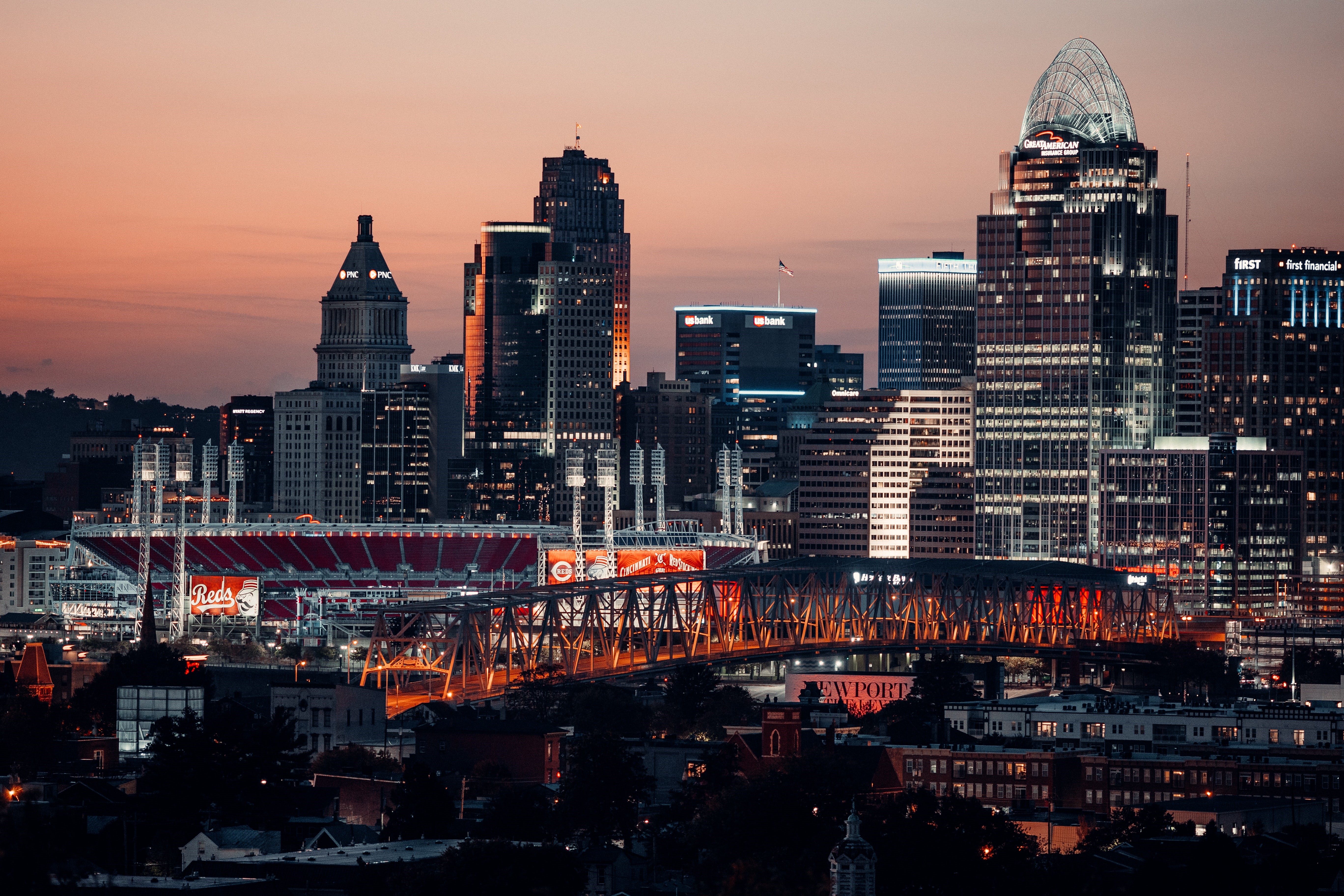 4K, bridge, lights, city, Cincinnati, OH, USA HD Wallpaper