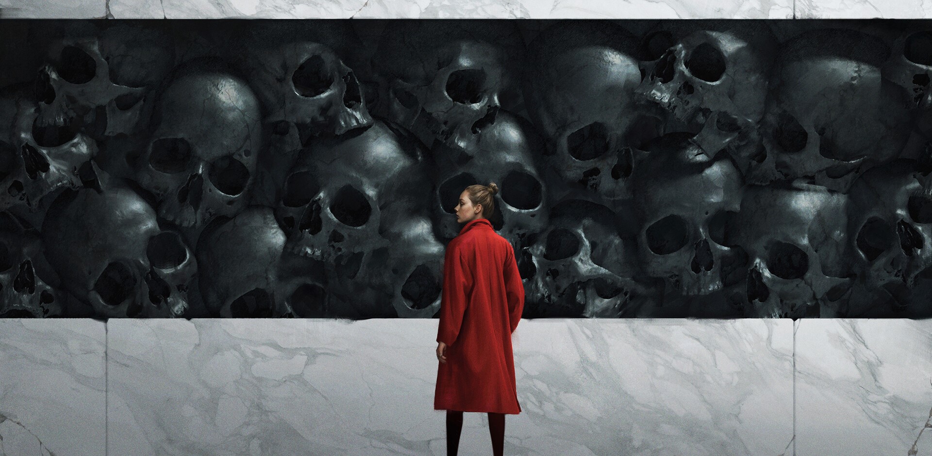 red jackets, ArtStation, artwork, standing, skull, contrast, women, Jinho Bae HD Wallpaper