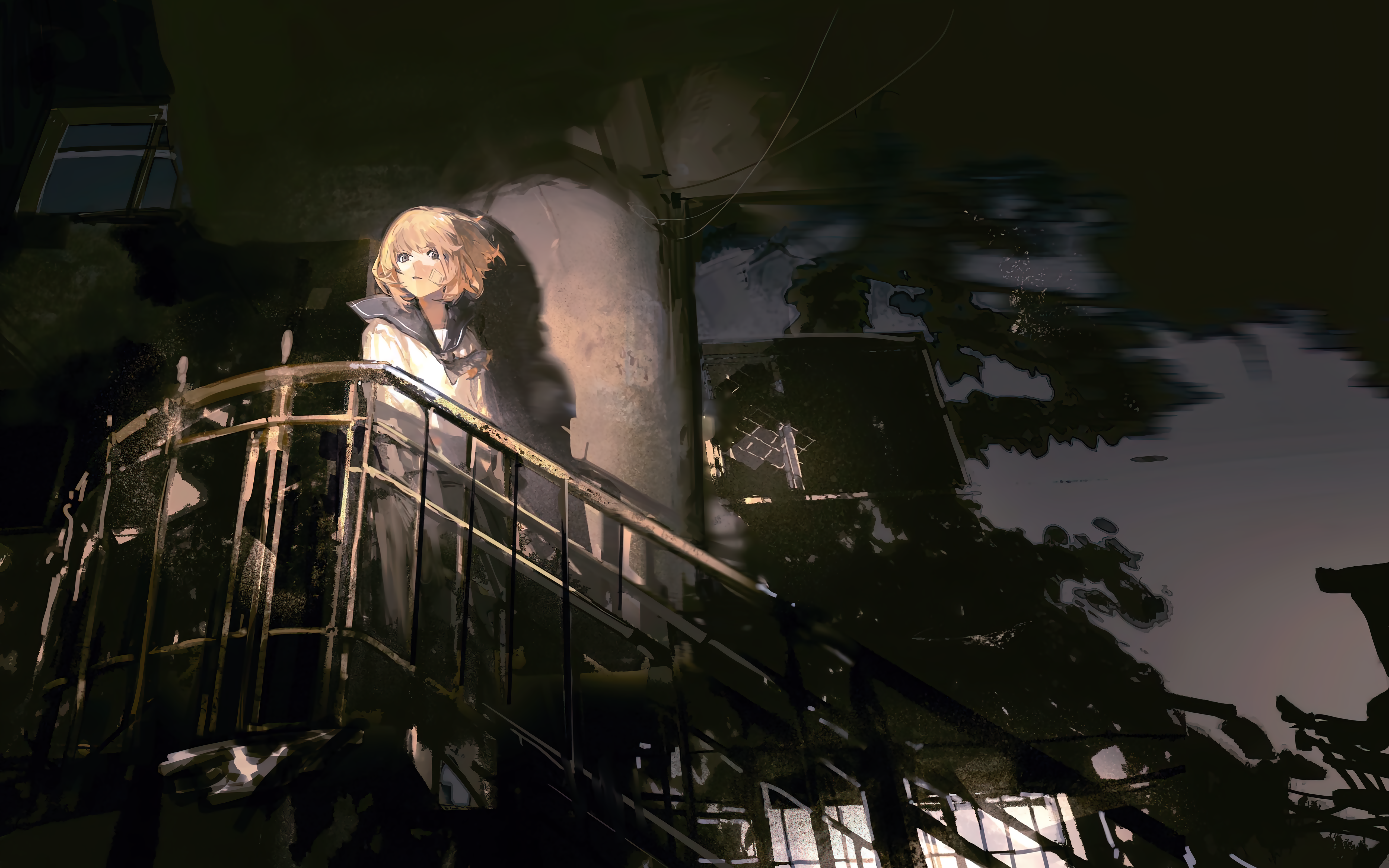 4K, stairs, short hair, anime, anime girls, blonde, window, Lobelia, light effects, sailor uniform HD Wallpaper
