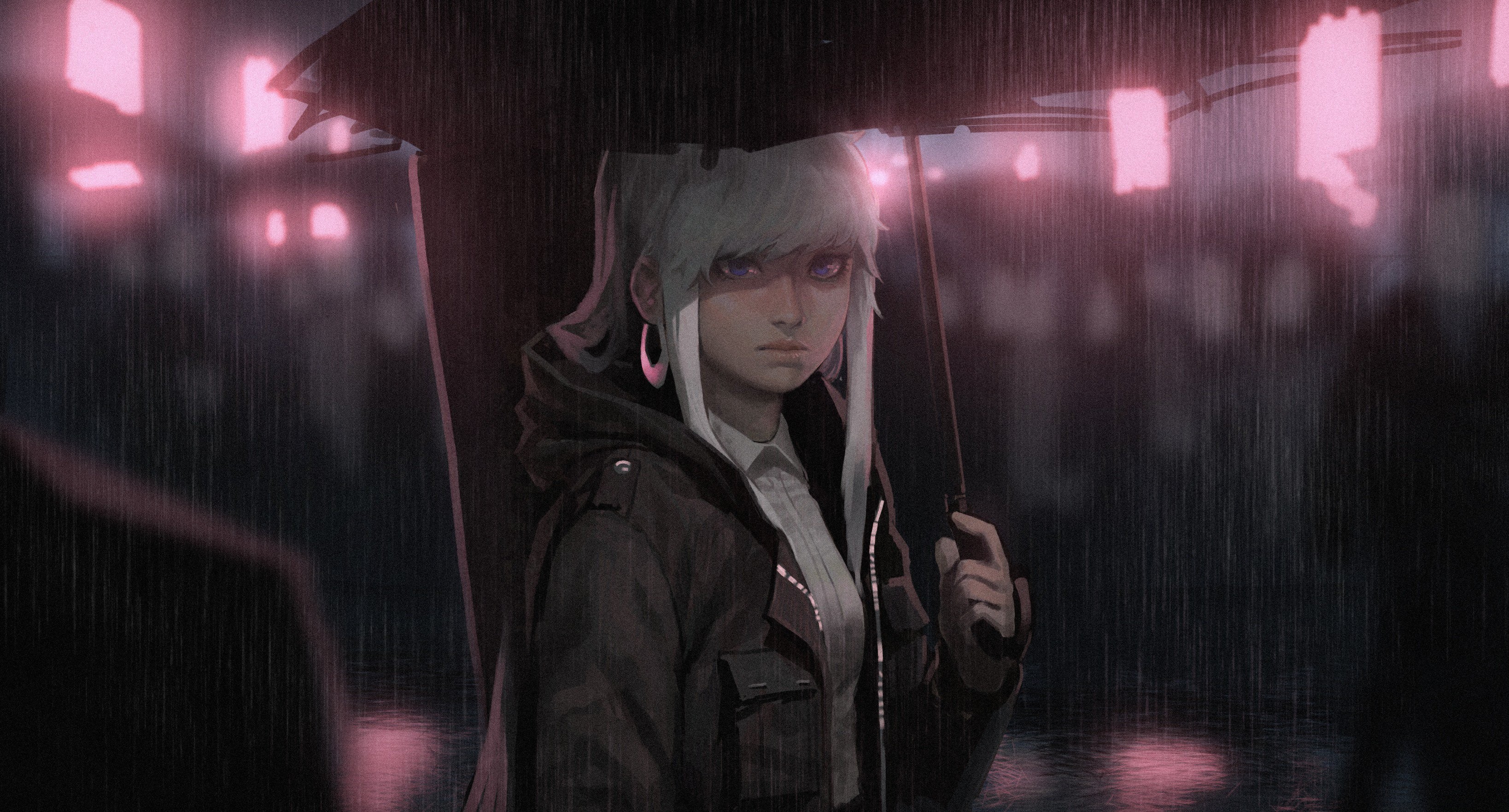 rain, blue eyes, umbrella, blonde, face, anime, looking at viewer, anime girls, jacket, earrings, city lights, long hair HD Wallpaper