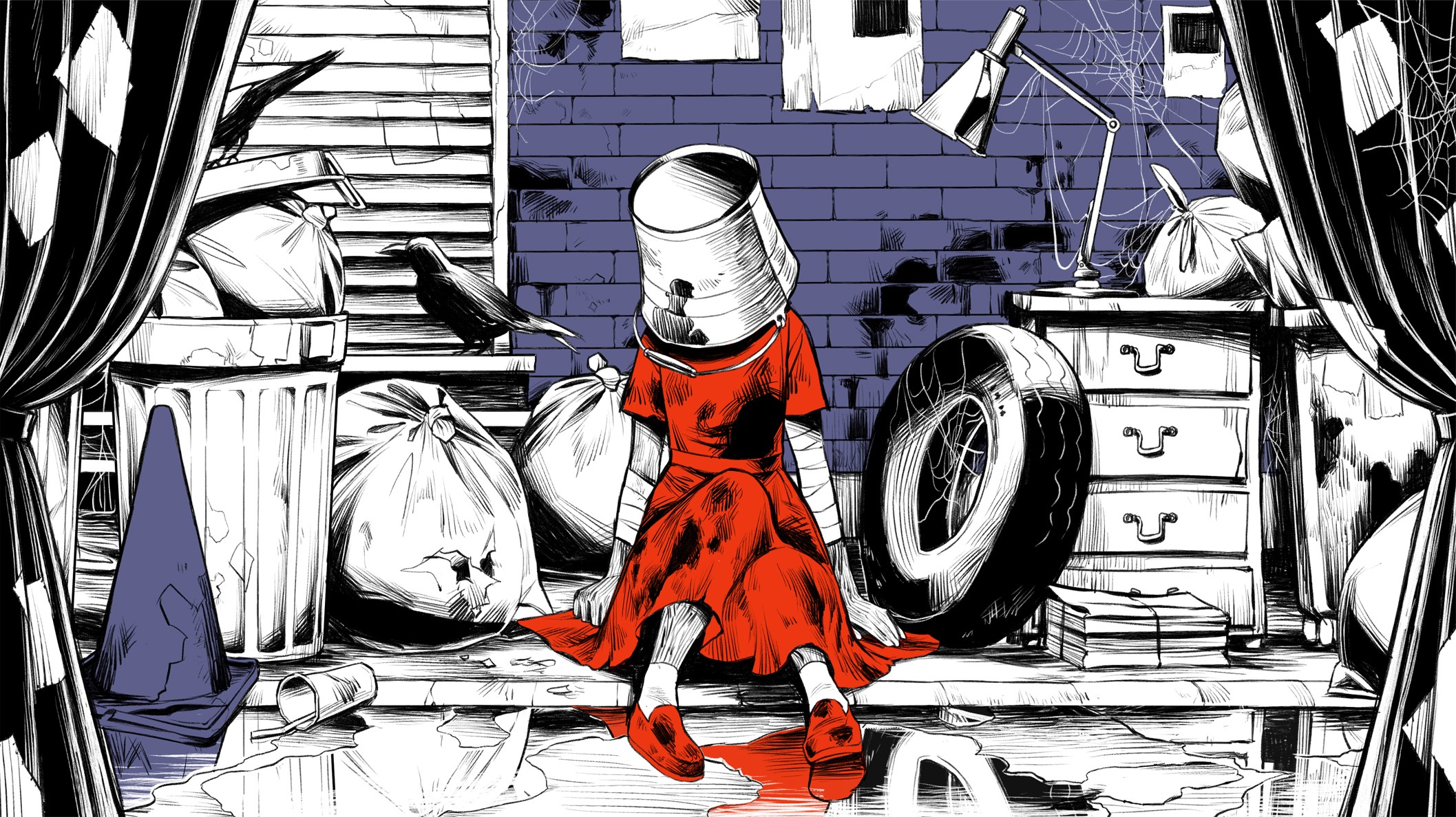 shoes, anime girls, crow, trash, spider webs, bucket, bag, lamp, anime, red clothing HD Wallpaper