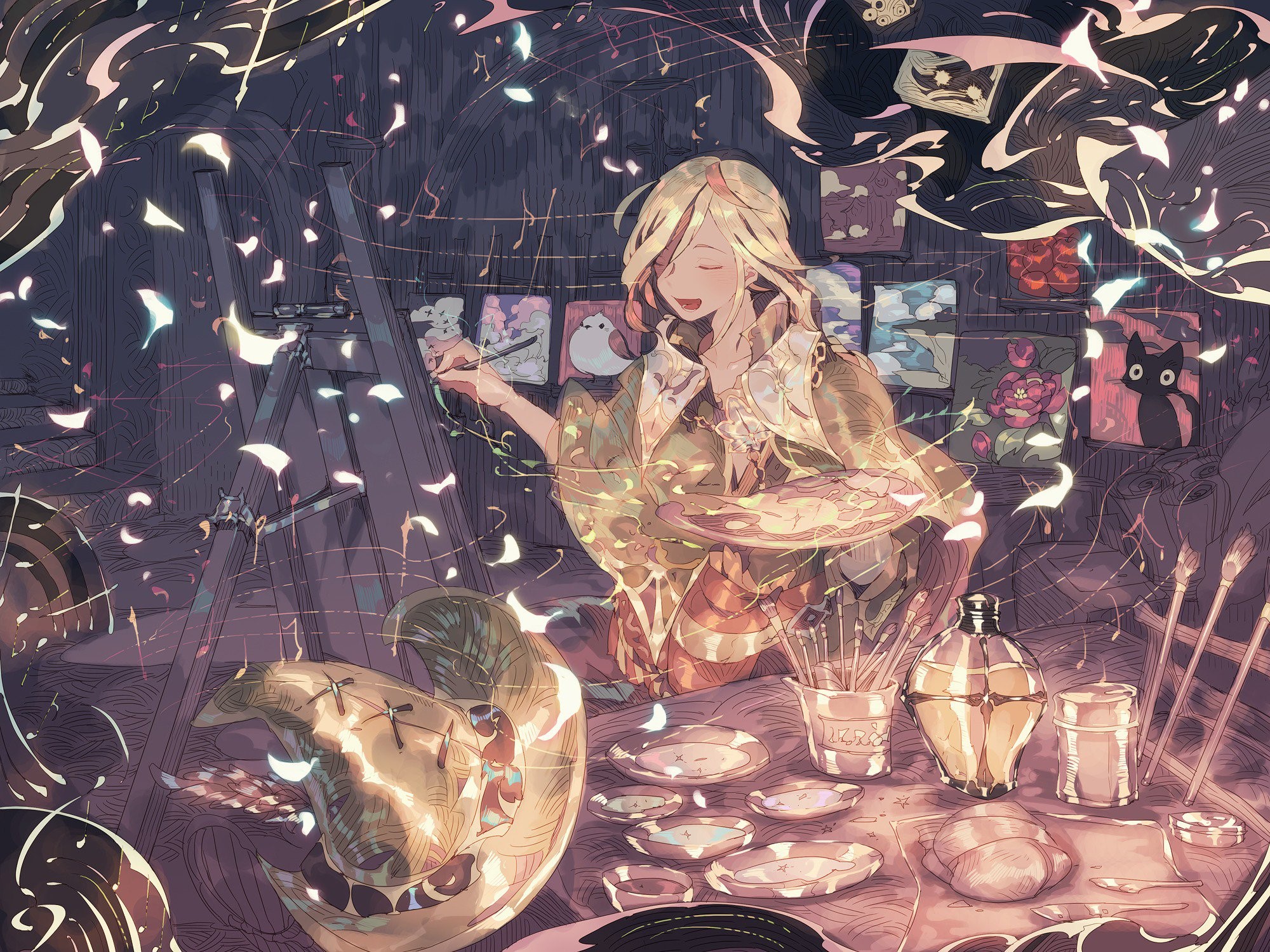 blonde, painting, anime, long hair, plates, brush, closed eyes, canvas, anime girls, hat, table HD Wallpaper