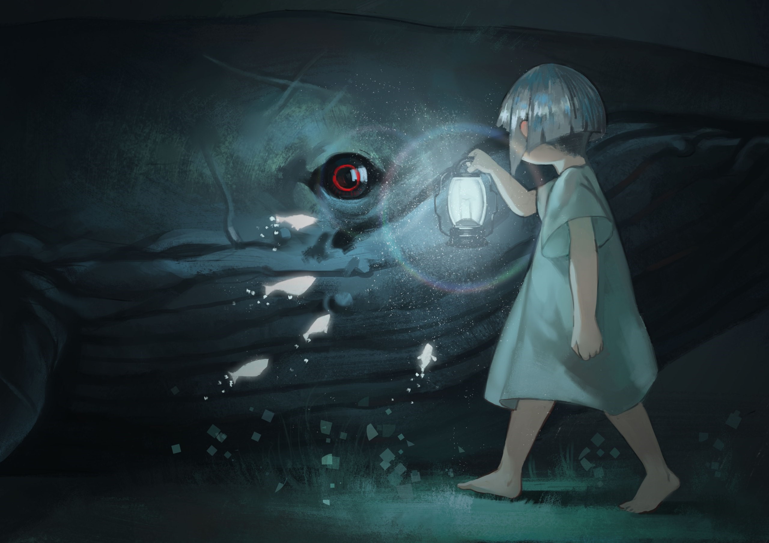 lantern, blue hair, whale, anime girls, short hair, anime, fish HD Wallpaper