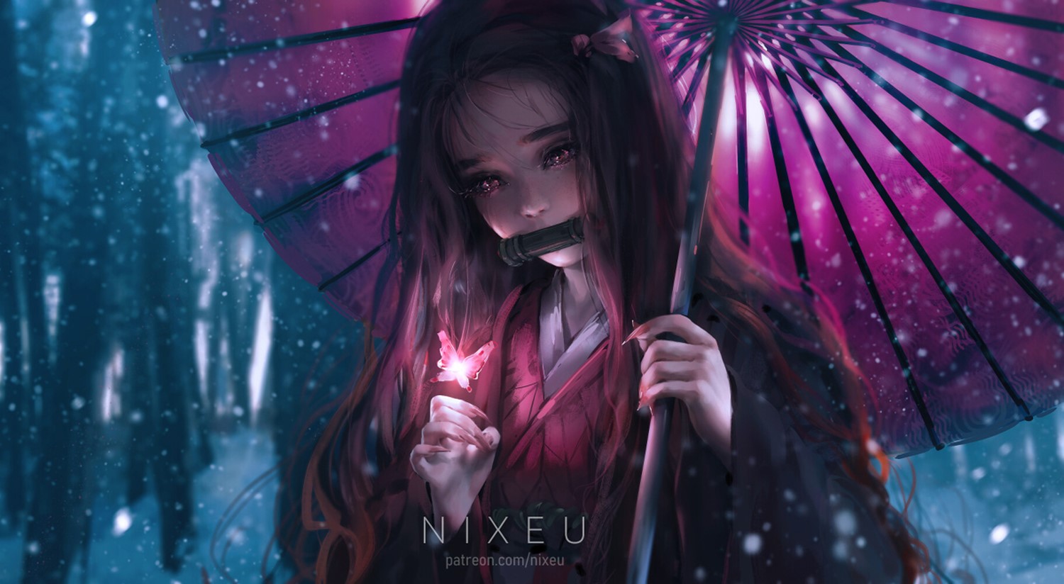 Kamado Nezuko, Nixeu, snow, blue background, Kimetsu no Yaiba, umbrella, anime girls, butterfly HD Wallpaper