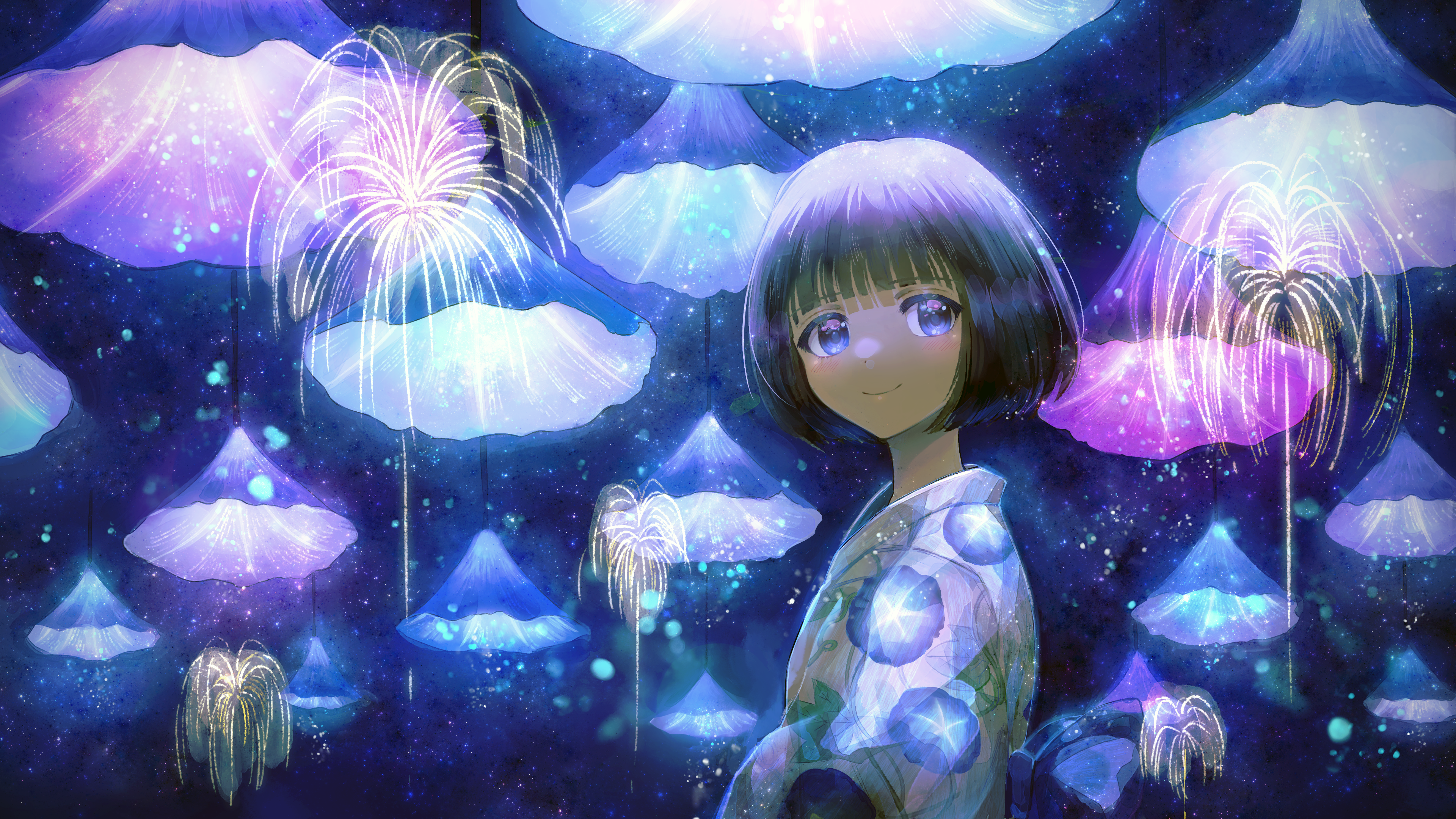 Girl in Kimono Watching Fireworks HD Wallpaper