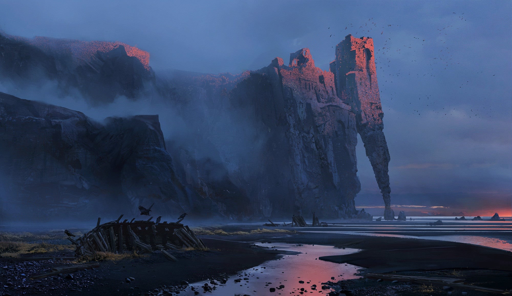 digital art, mountains, castle, river, artwork HD Wallpaper