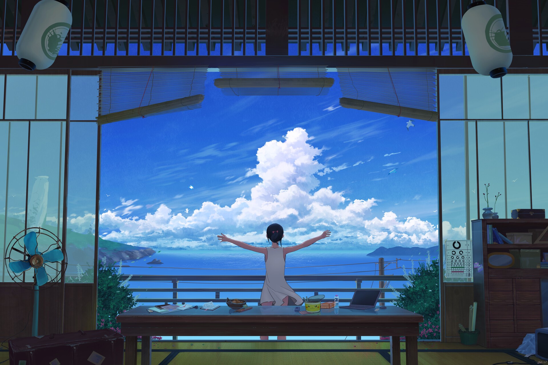 clouds, eye test, artwork, seagulls, suitcase, letter, LoFi, Asian, laptop, blinds, summer, Chinese lantern, Japanese, Pikachu, mountains, digital art HD Wallpaper