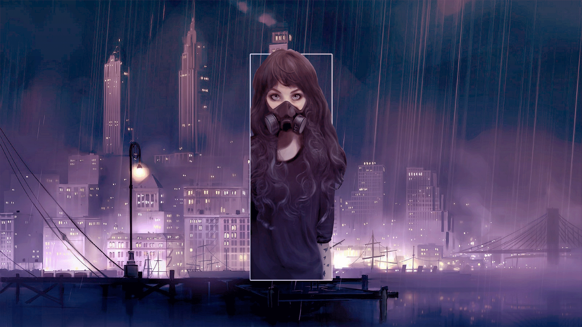 picture-in-picture, anime girls, landscape, dark sky, digital art, Photoshop, anime, rainstorm, face mask, metalanguage, women HD Wallpaper