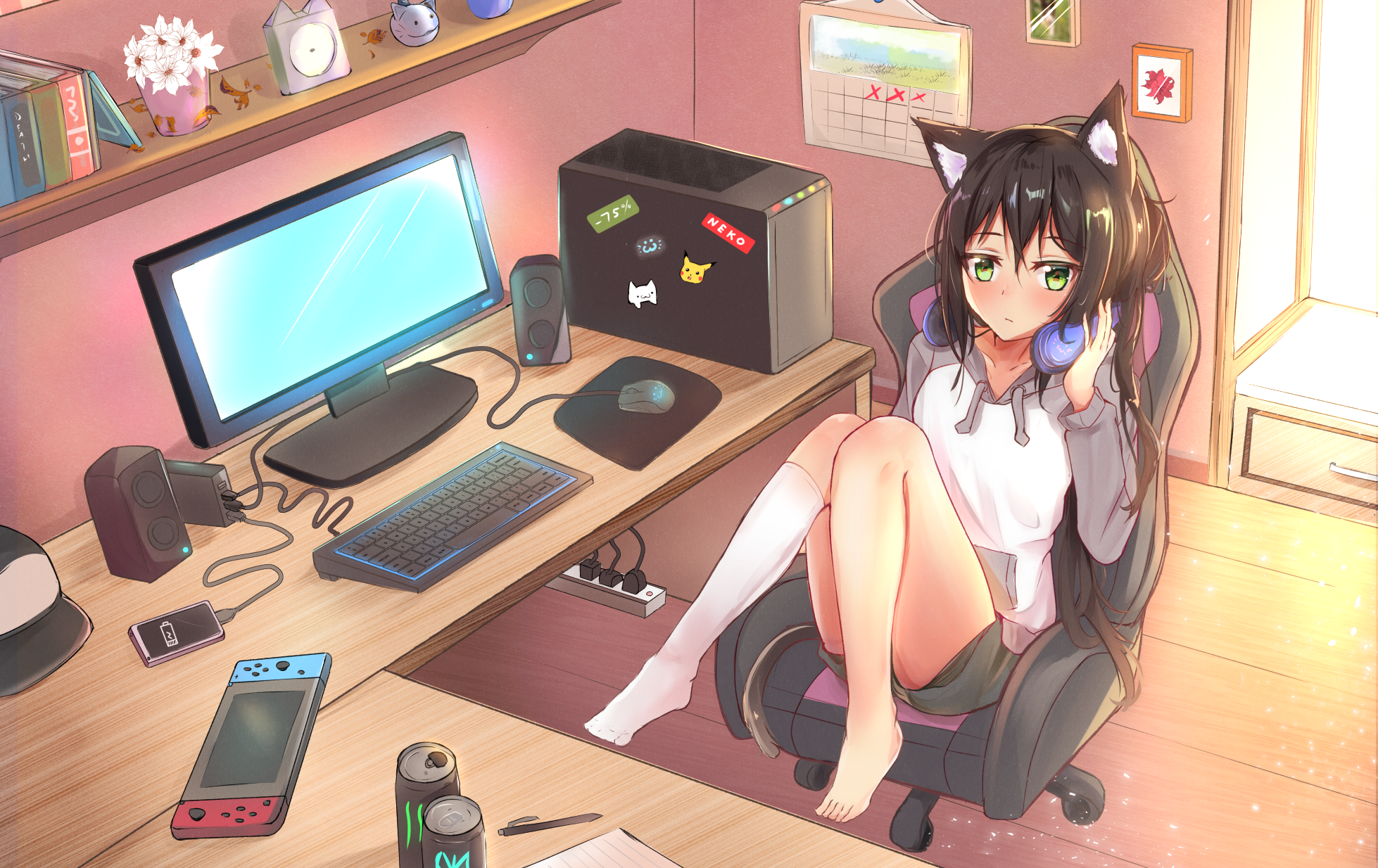 cat girl, animal ears, tail, anime girls HD Wallpaper