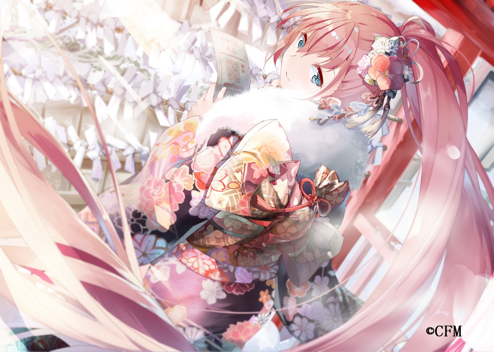 pink hair, Daidou, Vocaloid, anime girls, long hair, Megurine Luka, artwork, torii, Japanese clothes, ponytail HD Wallpaper