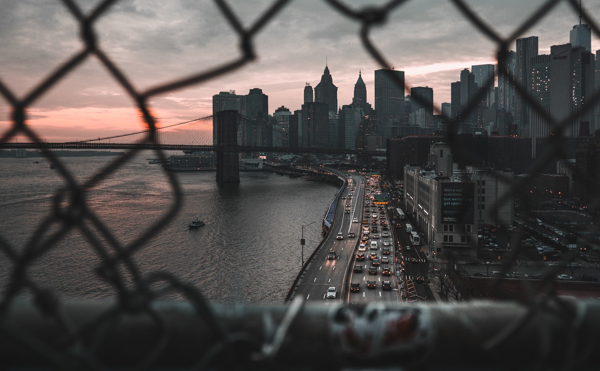 car, scyscrapers, fence, Brooklyn Bridge, New York City, cityscape, city, sea, bridge, road HD Wallpaper