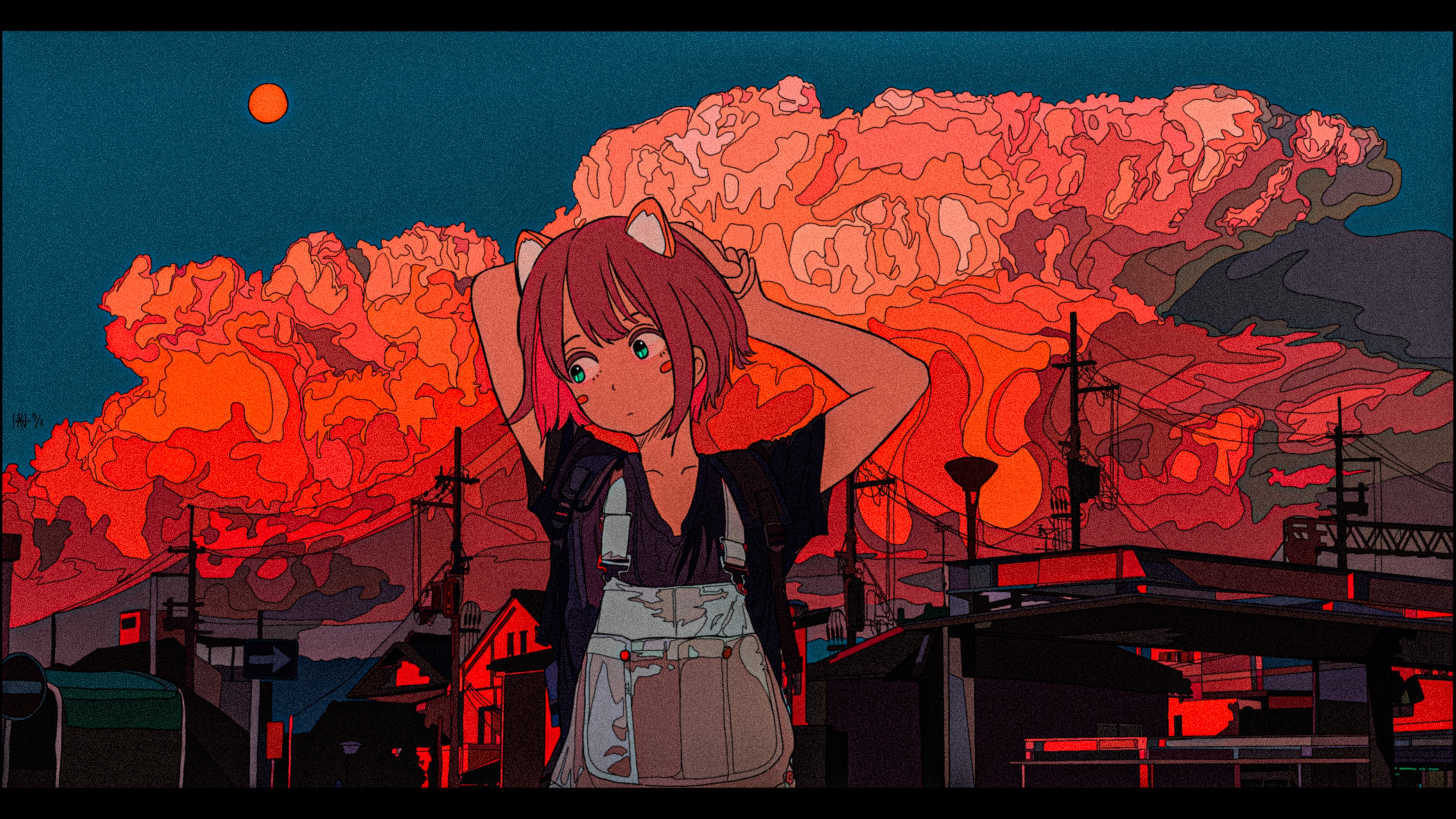 anime, animal ears, green eyes, redhead, clouds, sunset, sky, anime girls HD Wallpaper