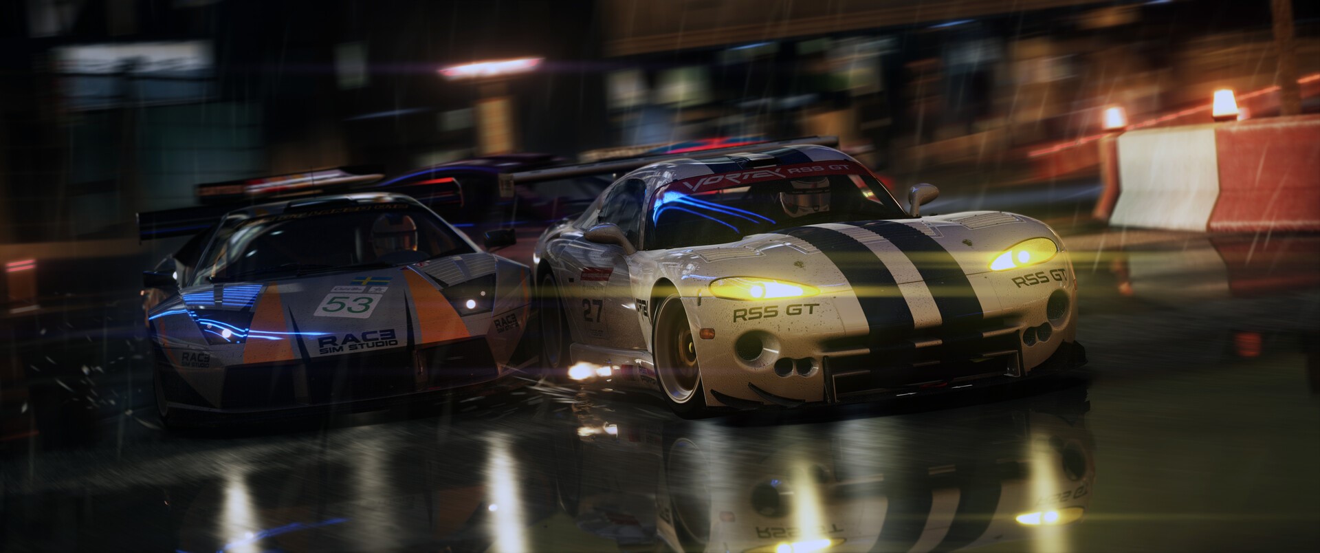 car, head lights, lights, drawing, reflection, Oleg Sadovnikov, screen shot, rain, ultrawide, video games, Headlights, digital art, sports car, blurry background, racing, artwork, depth of field, ArtStation HD Wallpaper