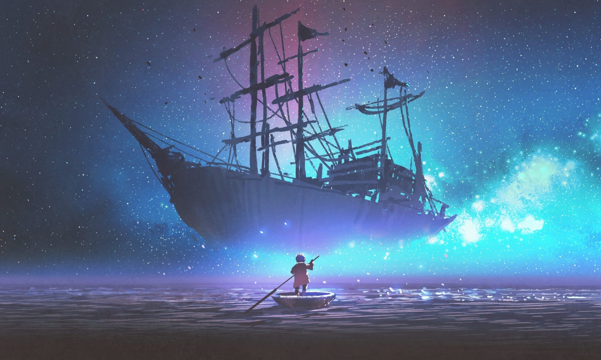 stars, ship, cyan, fantasy art, artwork, ghost ship HD Wallpaper