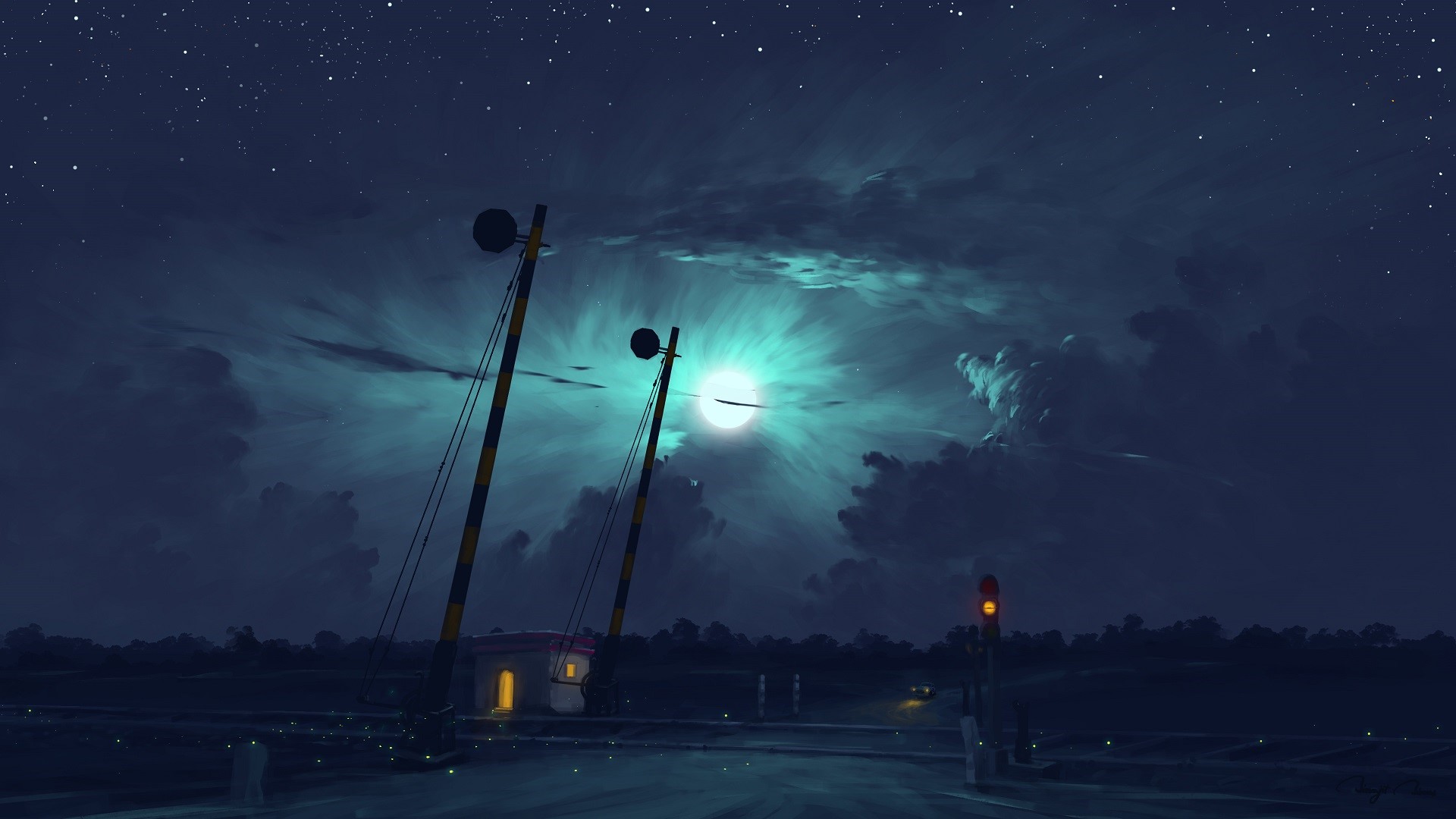 clouds, landscape, car, night, BisBiswas, digital art, artwork, Moon, sky HD Wallpaper