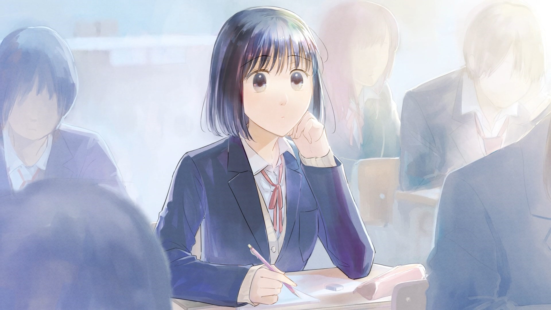 anime, anime girls, face, school HD Wallpaper