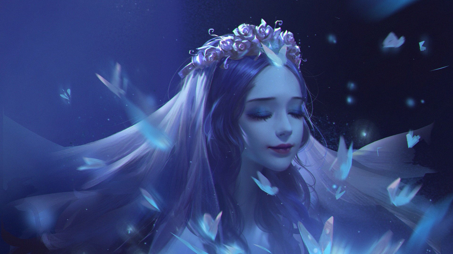 artwork, ArtStation, women, closed eyes, blue, digital art, brides, blue background, flower crown, Li Miao, ultrawide, butterfly, drawing HD Wallpaper