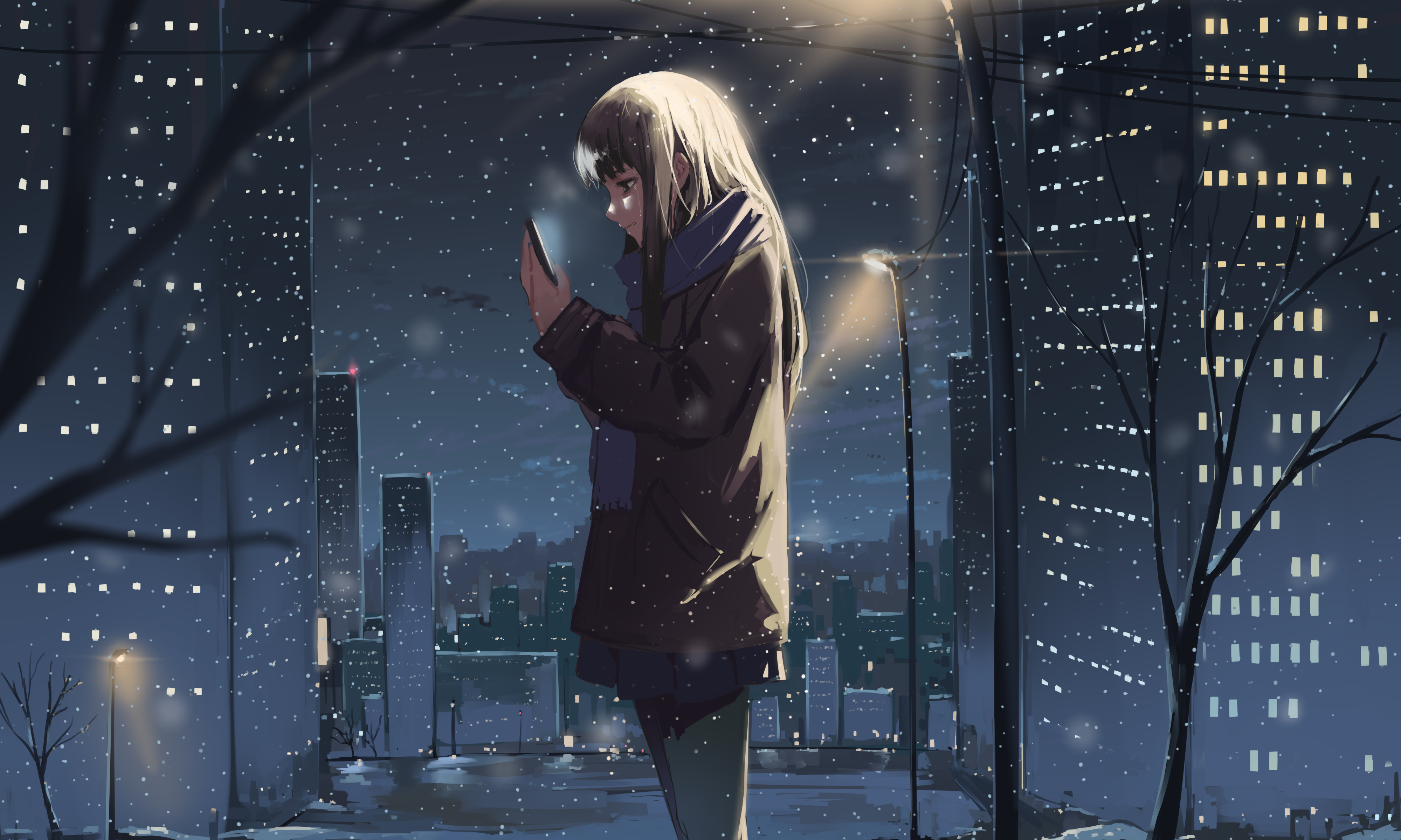 4K, cityscape, anime girls, winter, night, original characters, Arttssam HD Wallpaper