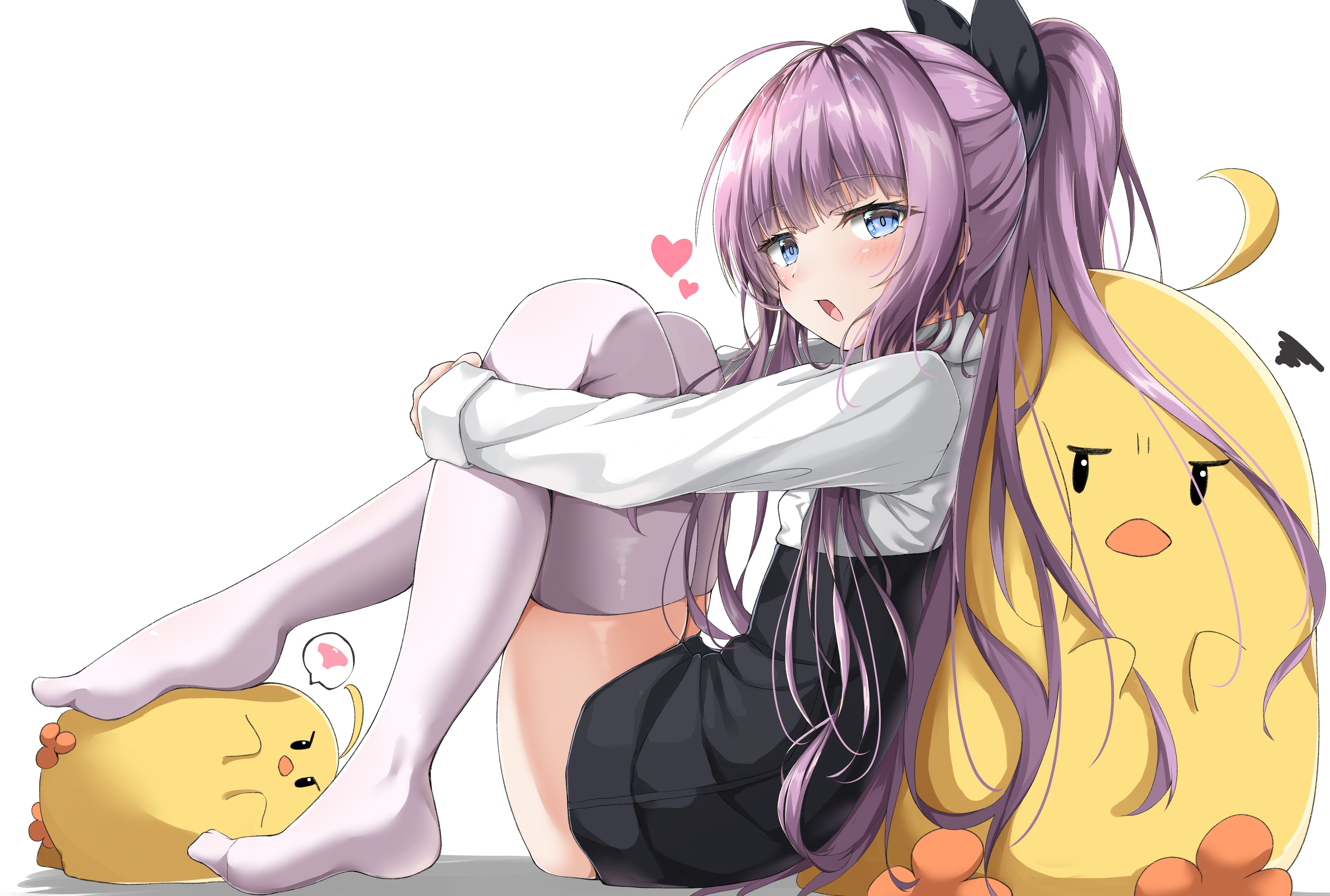 4K, thigh-highs, anime, artwork, ponytail, Moyoron, anime girls, holding knees, blue eyes, long hair, Azur Lane, purple hair, Tashkent (Azur lane), Manjuu (Azur Lane) HD Wallpaper