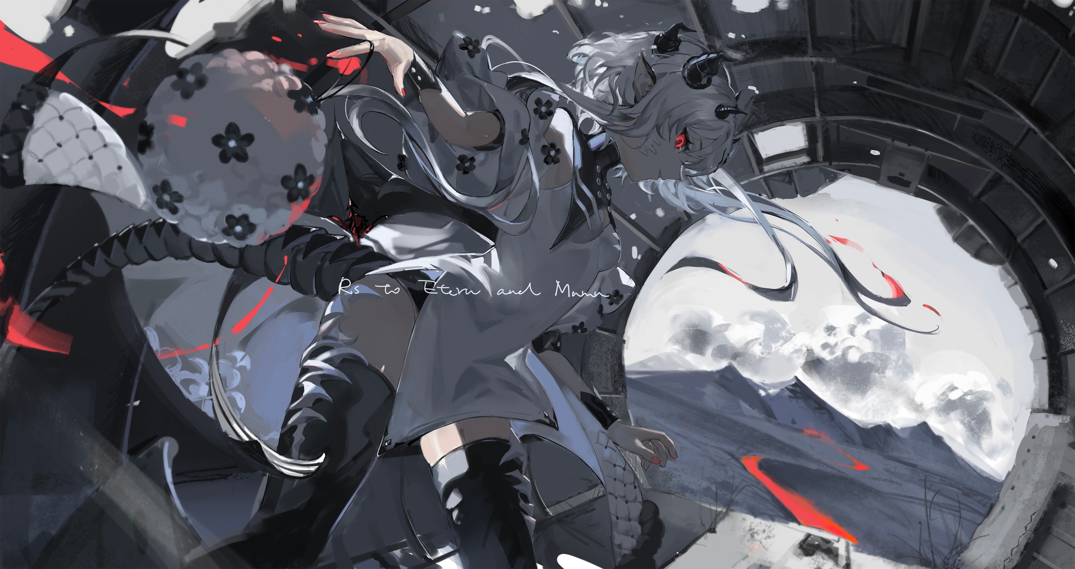 painted nails, anime girls, fantasy art, fantasy girl, horns, anime, women, red eyes HD Wallpaper