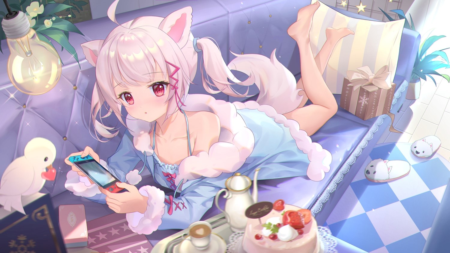 tail, blush, twintails, anime girls, animal ears HD Wallpaper