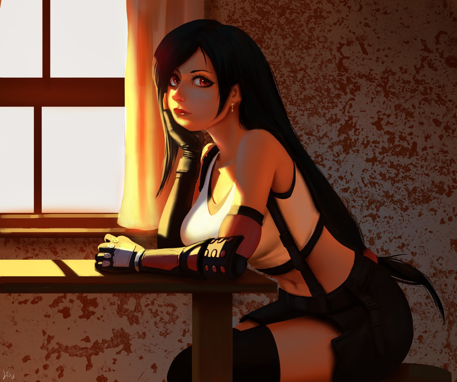 video game girls, hand on face, sunlight, by the window, women, Tifa Lockhart, table, ArtStation, red eyes, sitting, Leonardo Sá, digital art, Final Fantasy VII, artwork HD Wallpaper
