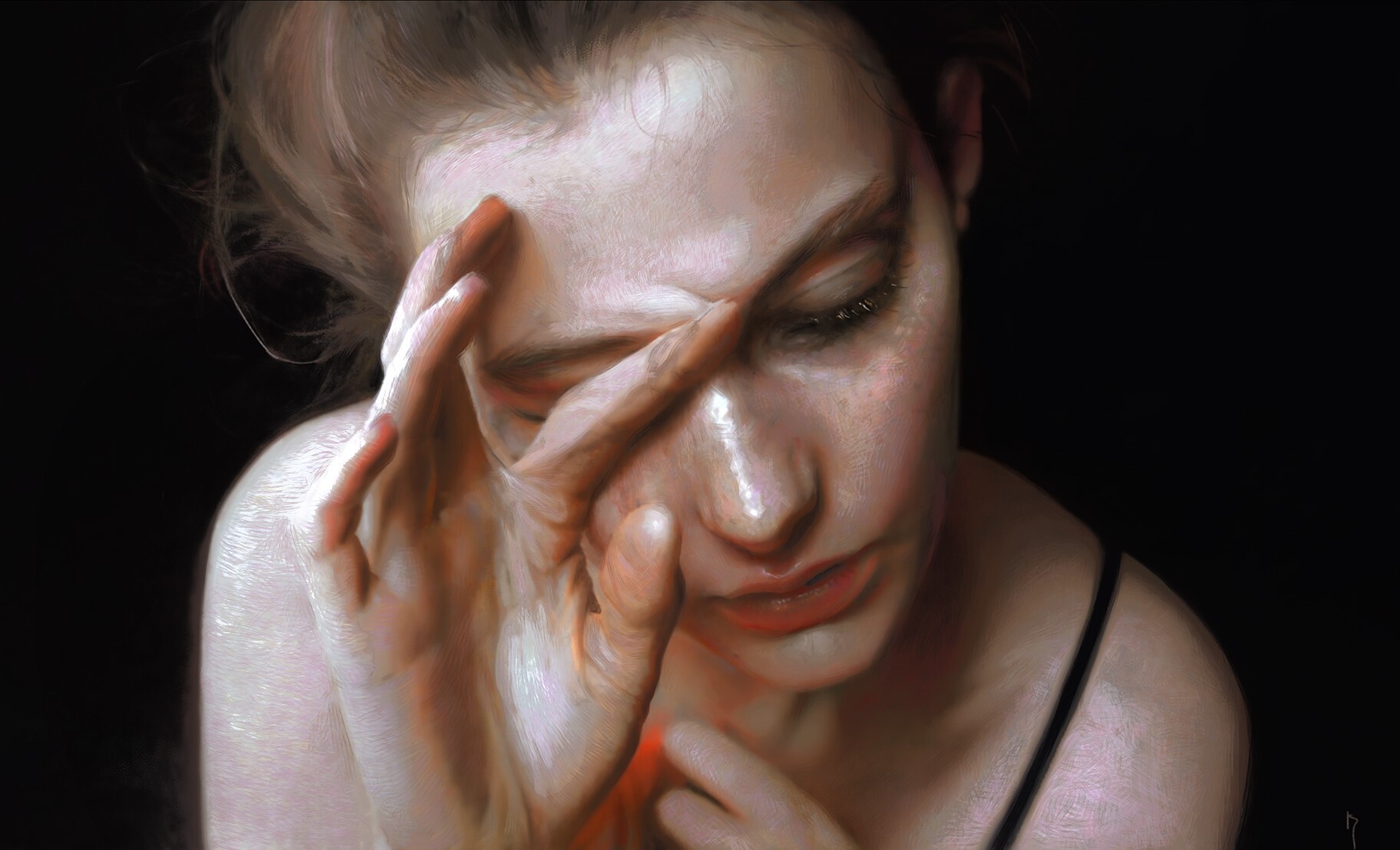digital art, closed mouth, women, LIN RAN (Artist), hands, ultrawide, face, artwork, closed eyes, drawing, fingers, brunette, black background, ArtStation, blonde, dark background HD Wallpaper
