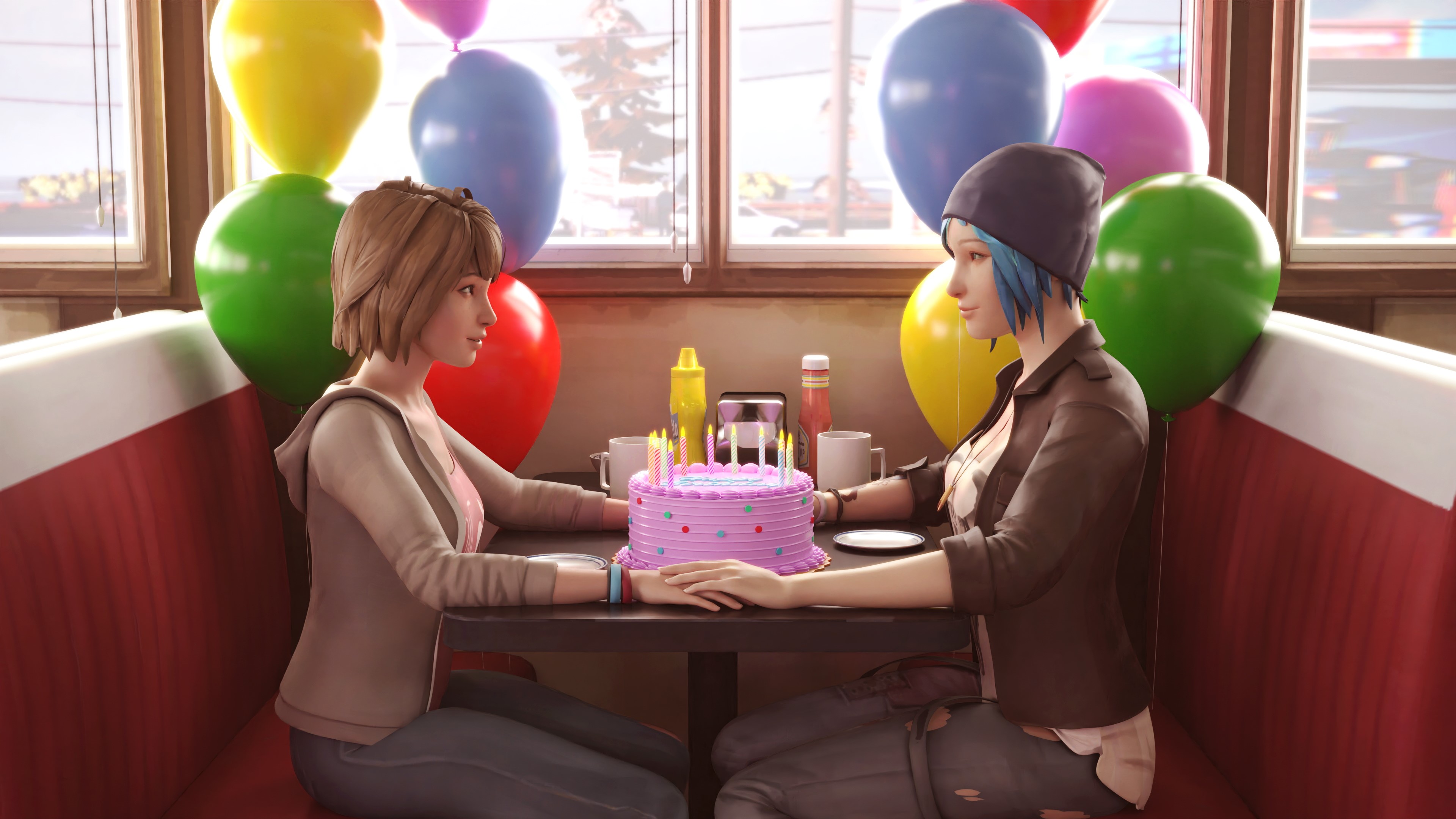 4K, koomer, women, Birthday Cake, Life Is Strange, Max Caulfield, Two Whales Diner, balloon, Chloe Price HD Wallpaper