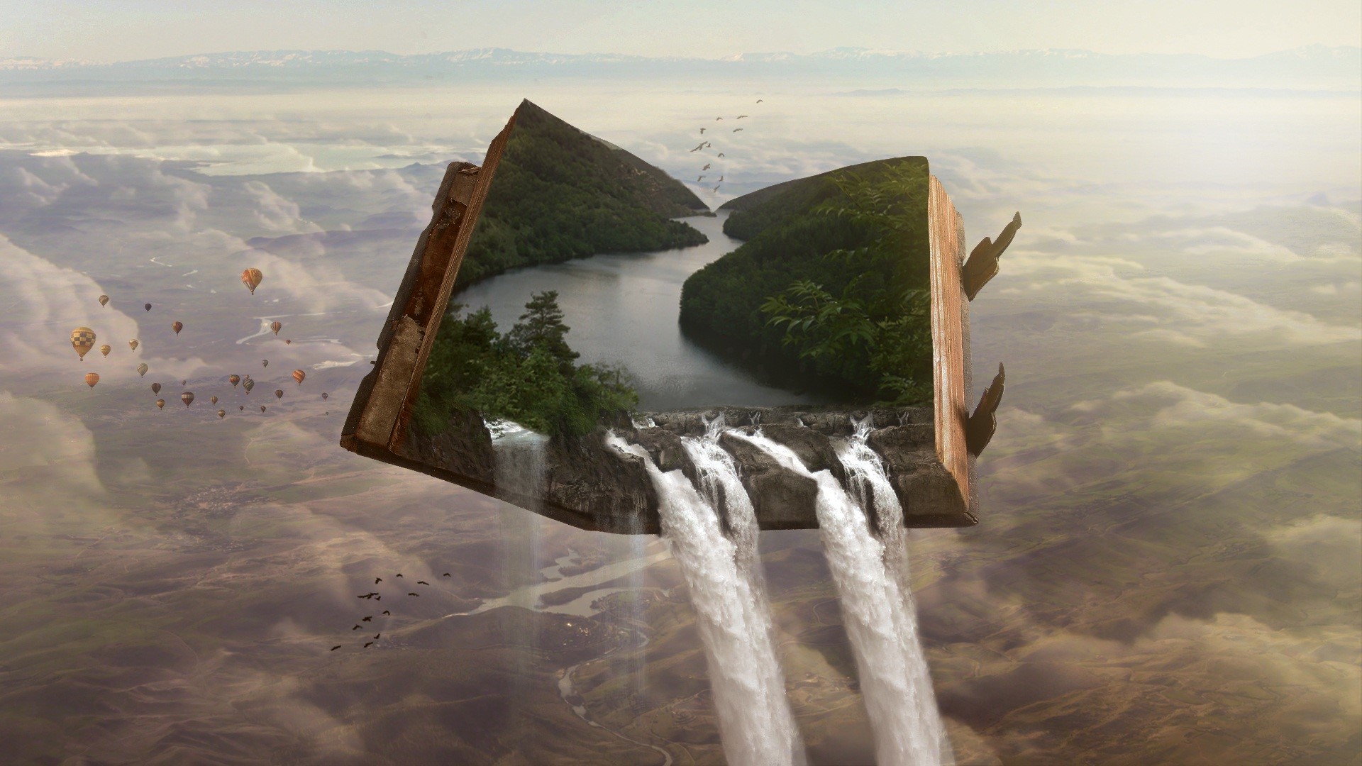 waterfall, hot air balloons, river, books, nature, Photoshop, landscape, forest HD Wallpaper