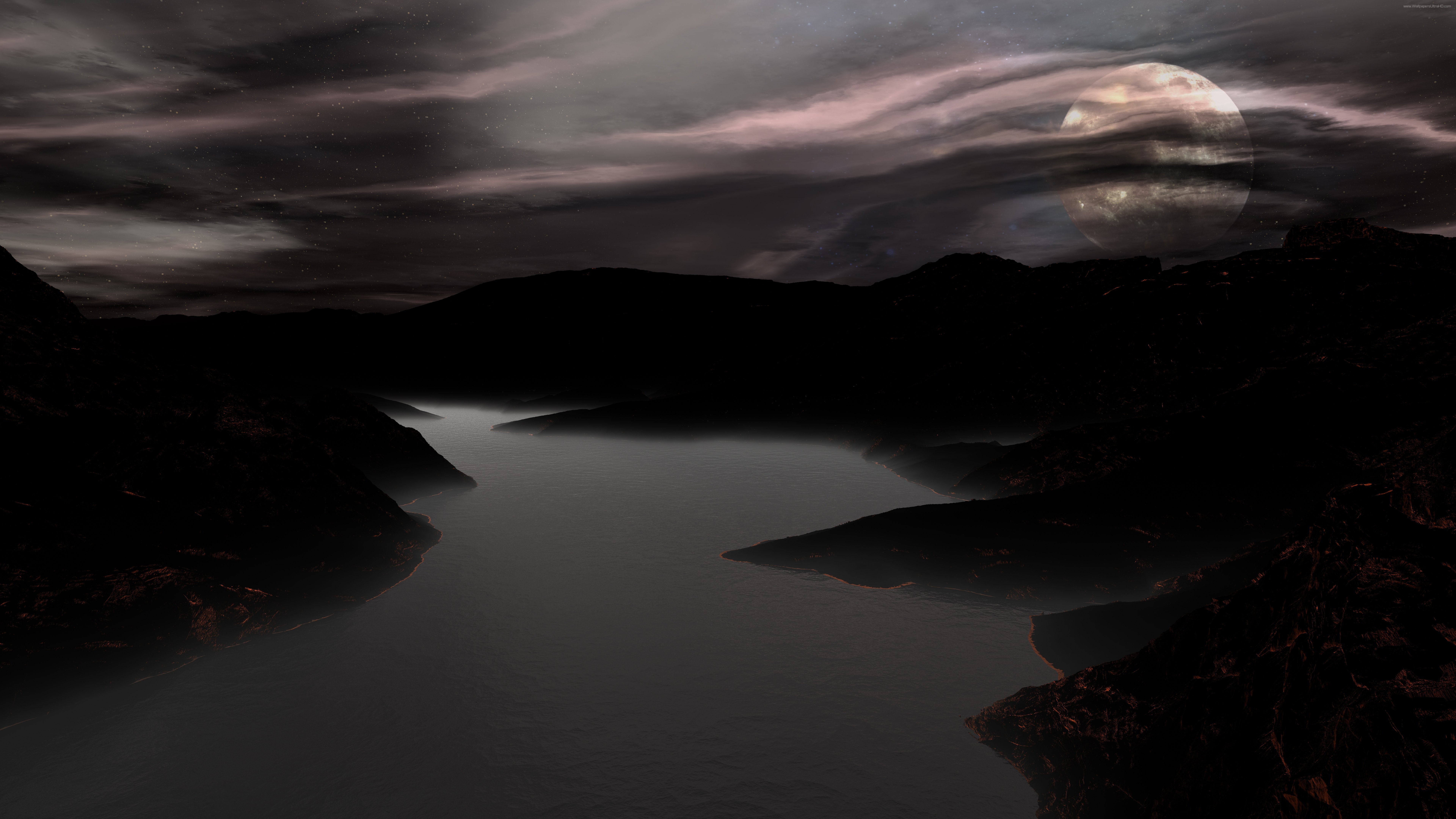 4K, Moon, nebula, lake, space, river, nature, moonlight HD Wallpaper