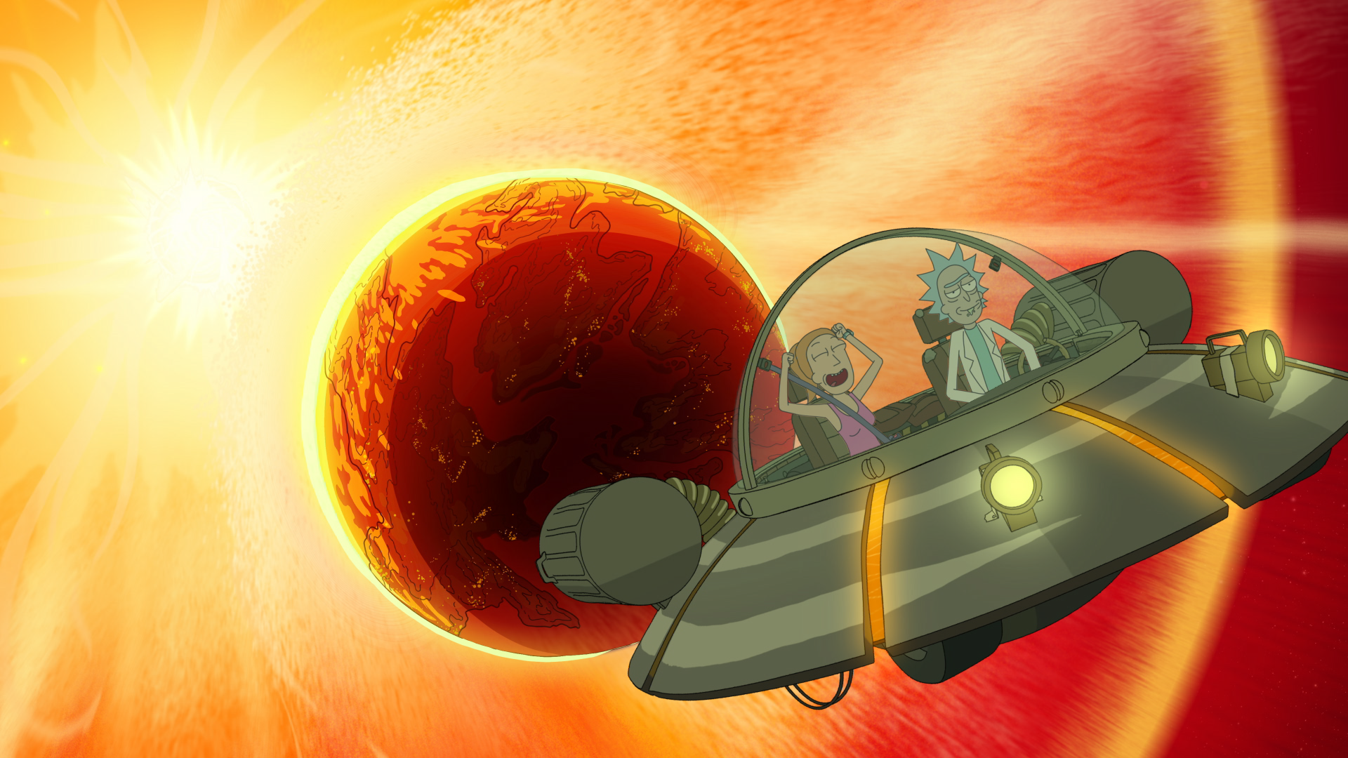 Rick and Morty flying spaceship near planet HD Wallpaper