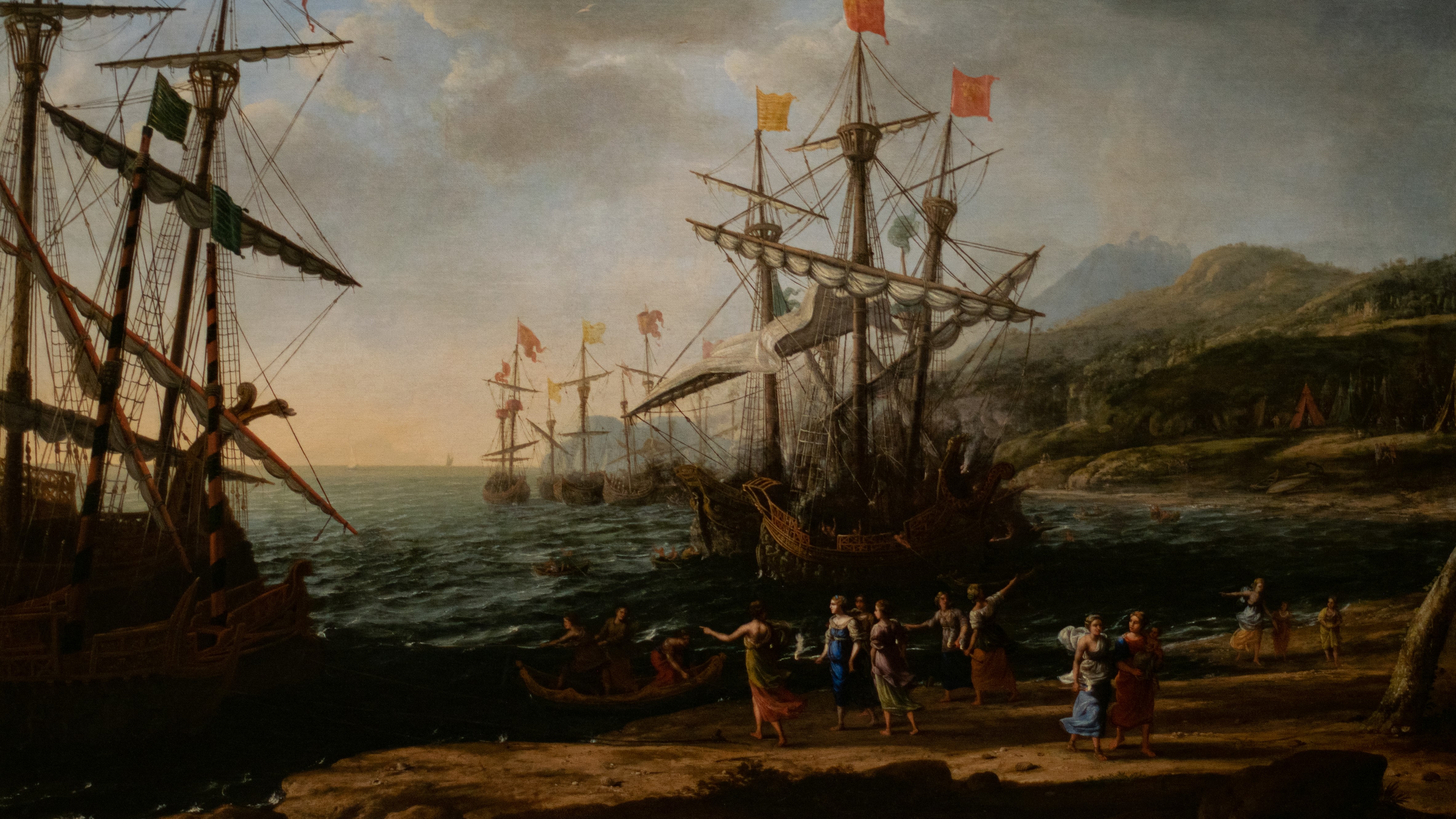 4K, ship, painting, oil painting, harbor, shipyard, Claude Lorrain, classic art, sailing ship HD Wallpaper