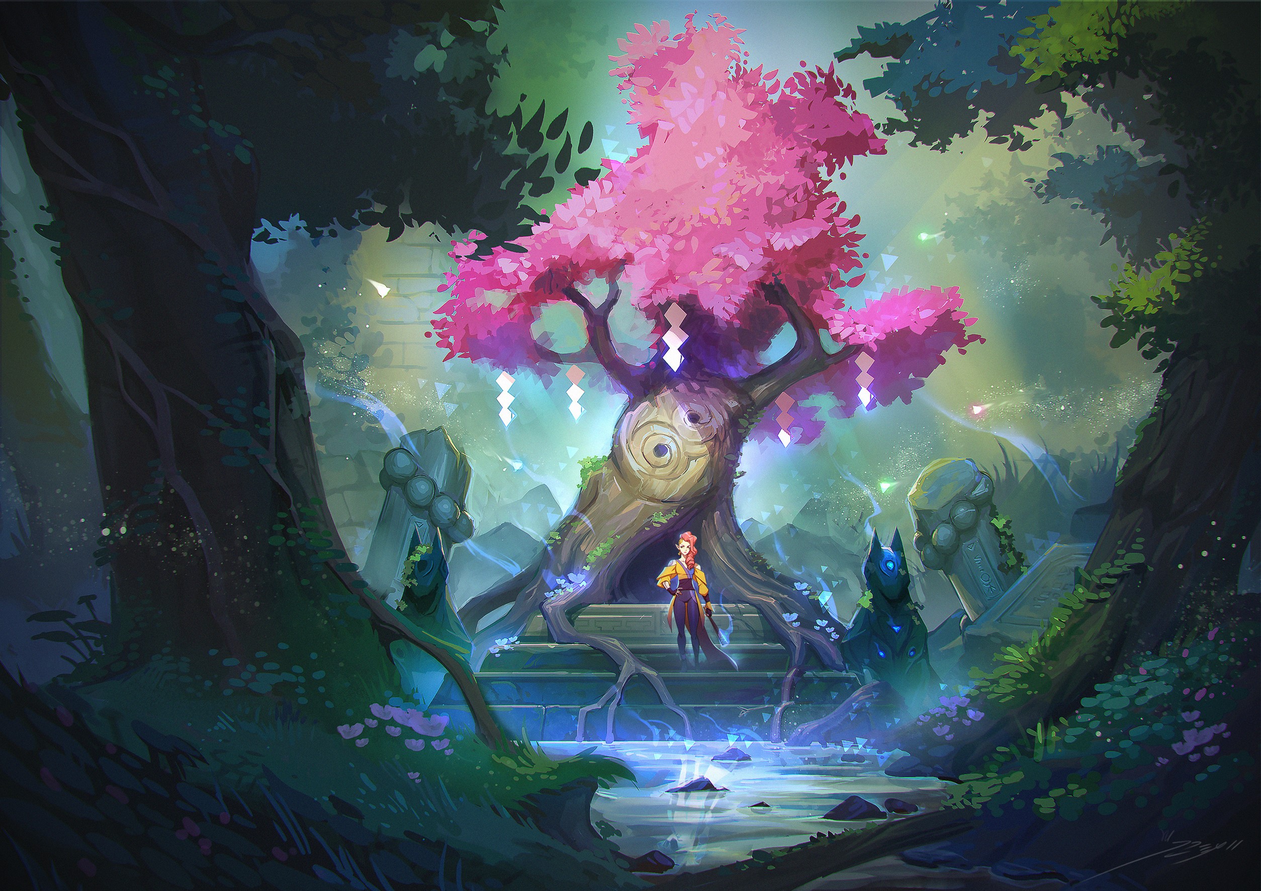 digital art, fictional character, landscape, forest, artwork, fantasy architecture, anime girls HD Wallpaper
