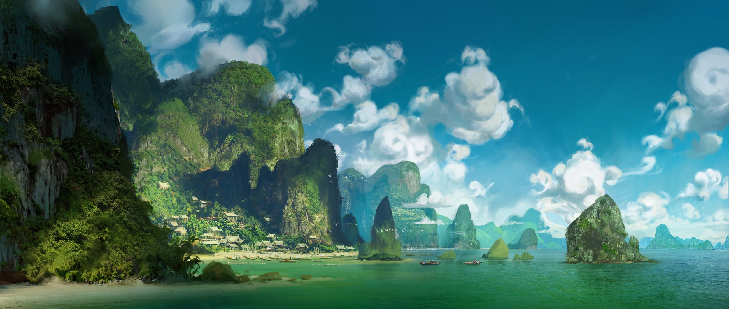 ocean view, landscape, artwork, clouds, sky, water, digital art, rocks, island HD Wallpaper