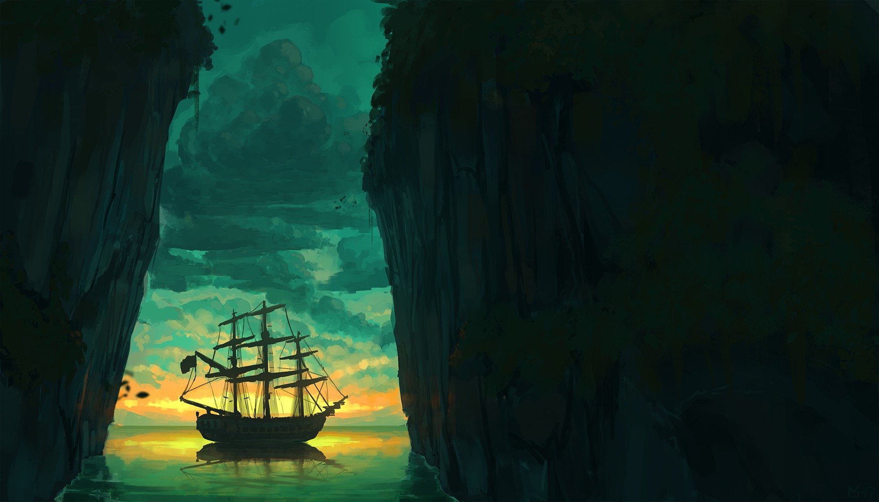 sea, sunset, ship, artwork, sailing ship HD Wallpaper