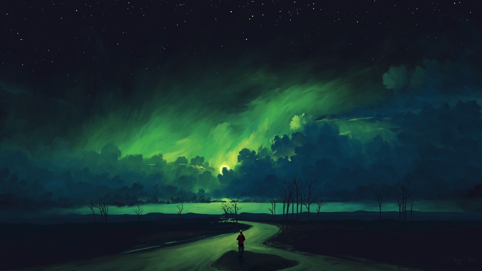landscape, digital painting, aurorae, BisBiswas, sky, night, clouds HD Wallpaper