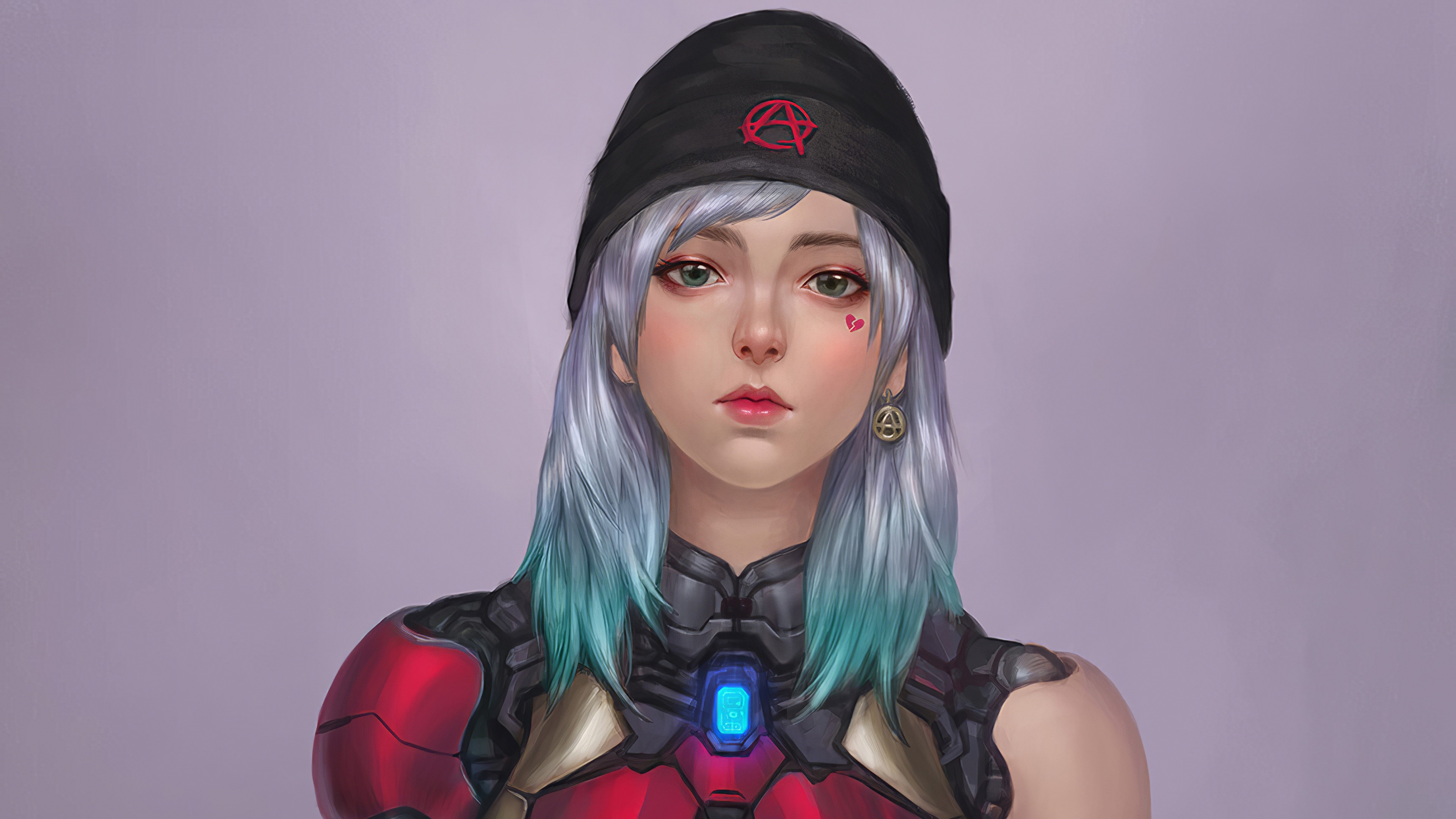 4K, women, looking at viewer, artwork, Anarchy, cyborg, science fiction women, science fiction, anime, beanie, simple background, dyed hair HD Wallpaper