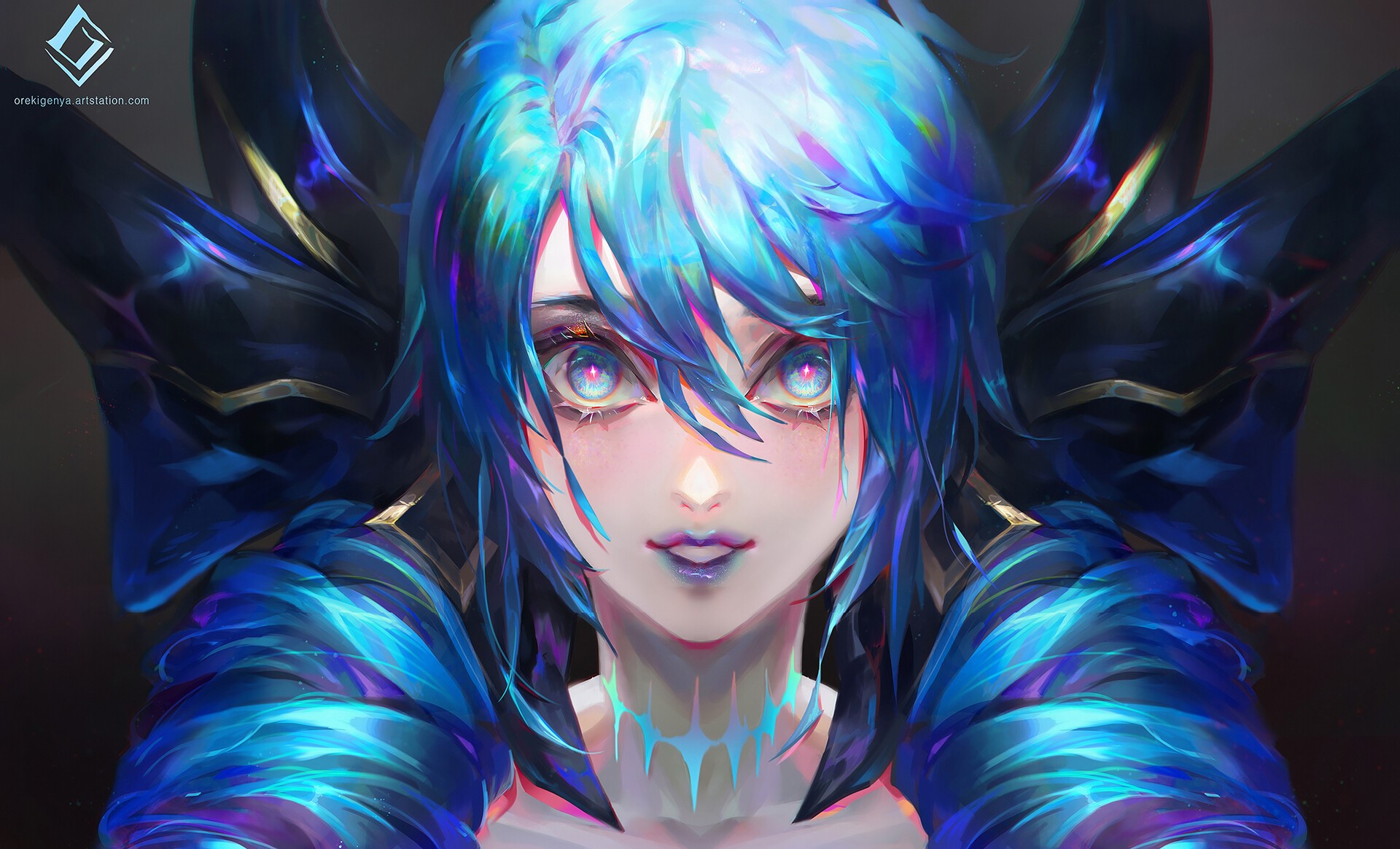 Gwen (League of Legends), portrait, face, fantasy art, blue hair, looking at viewer, blue eyes, fantasy girl, women, Oreki Genya, ArtStation HD Wallpaper