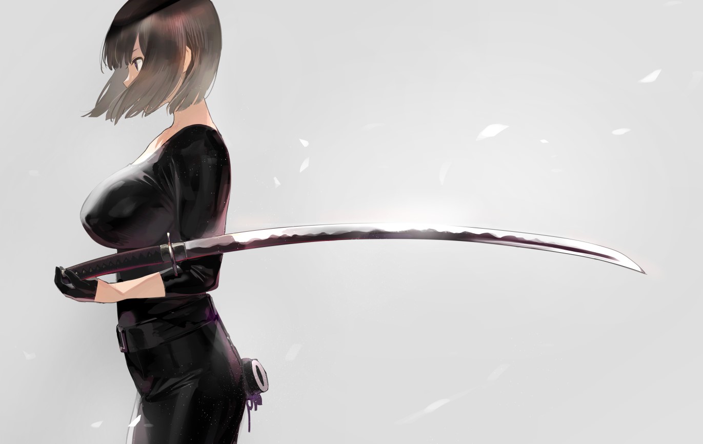 katana, short hair, iku (ikuchan kaoru), simple background, original characters, anime girls, anime, women HD Wallpaper