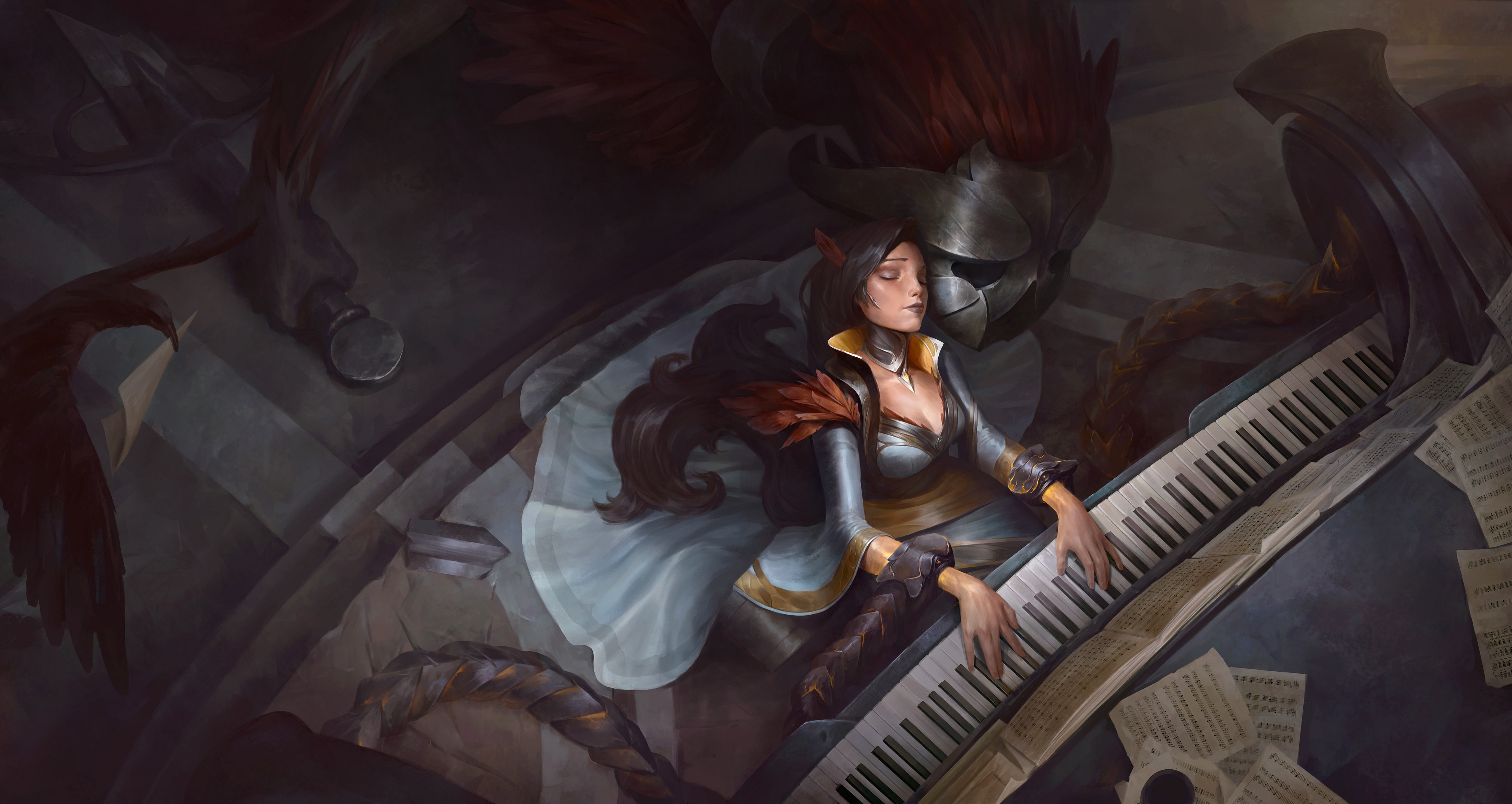 4K, women, musical instrument, Taras Susak, closed eyes, dark hair, fantasy art, long hair, music, fantasy girl, artwork HD Wallpaper