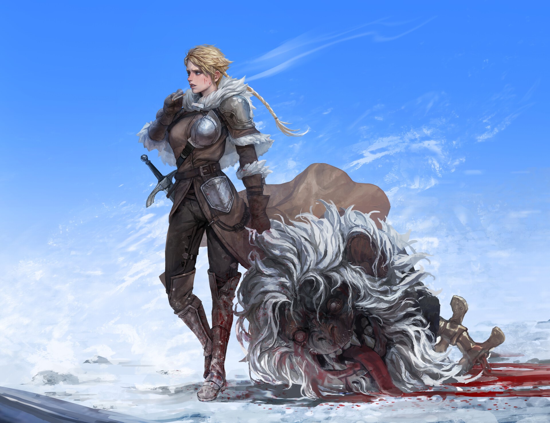 Kim Sehoon, creature, ArtStation, blonde, artwork, smoking, women, blood, fantasy girl, fantasy art HD Wallpaper