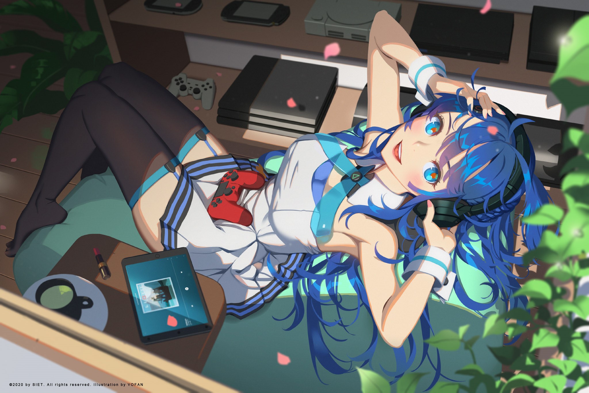 blue hair, anime girls, vofan, anime HD Wallpaper