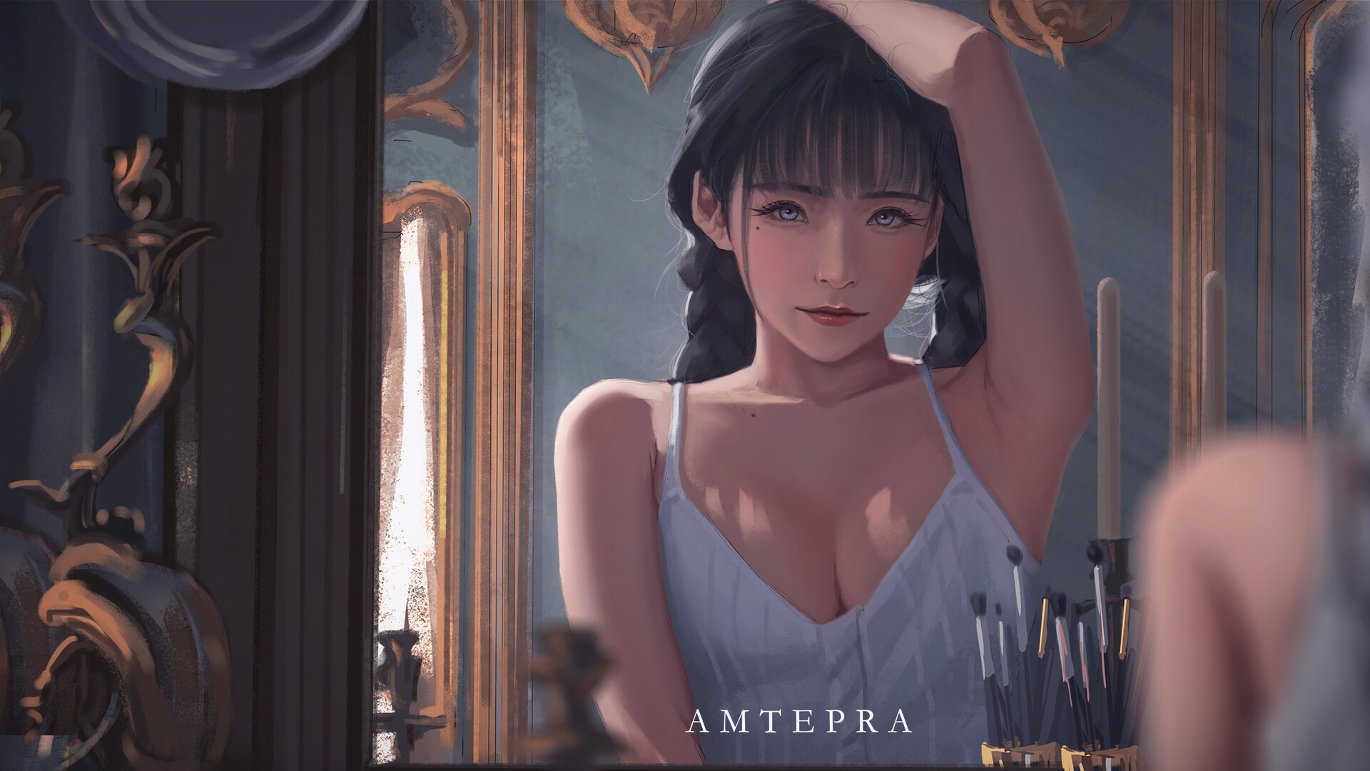 AMTEPRA, digital art, ArtStation, anime, reflection, women, artwork HD Wallpaper