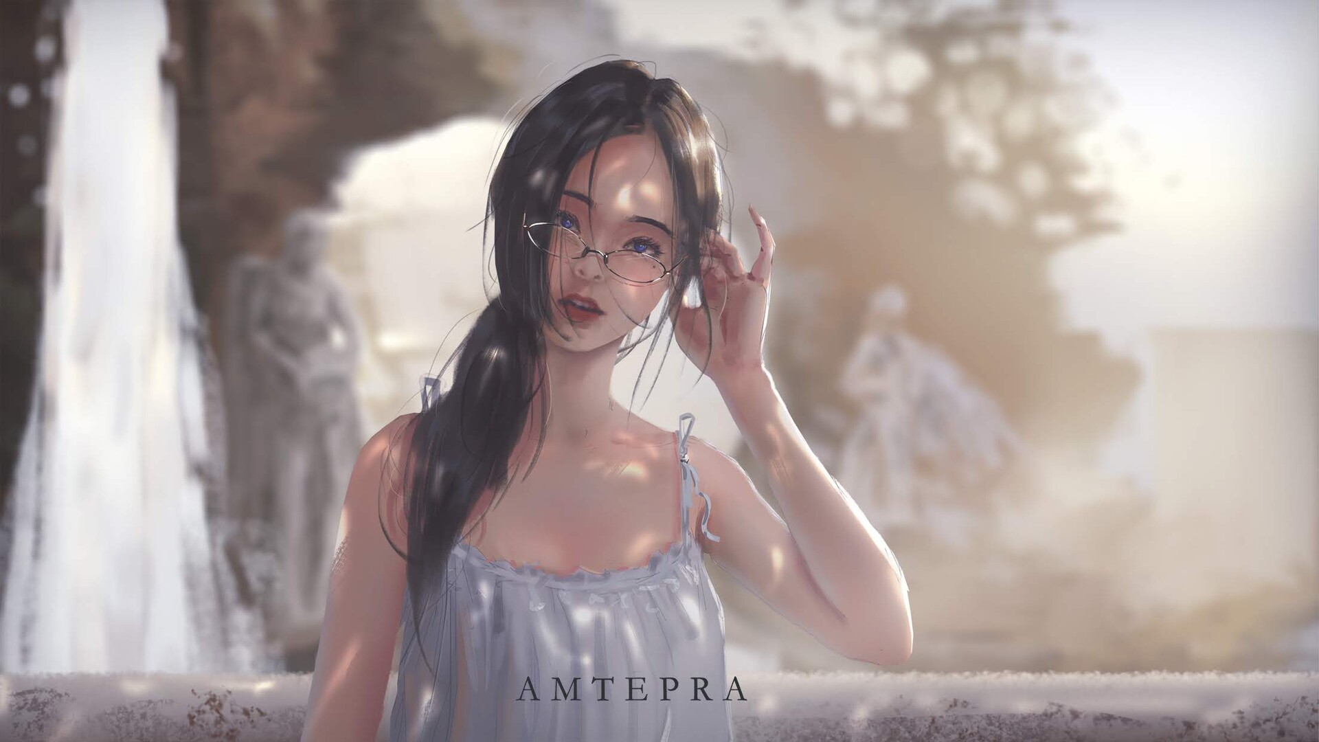 people, glasses, dress, women, AMTEPRA, portrait, artwork, sun dress, digital art HD Wallpaper