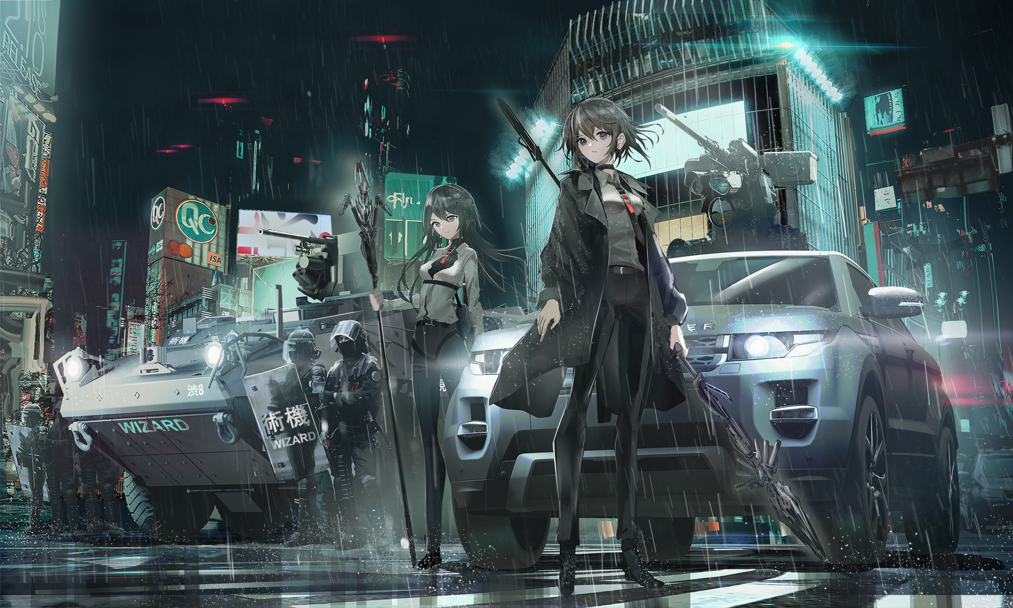 SWAV, anime girls, night, rain, anime HD Wallpaper