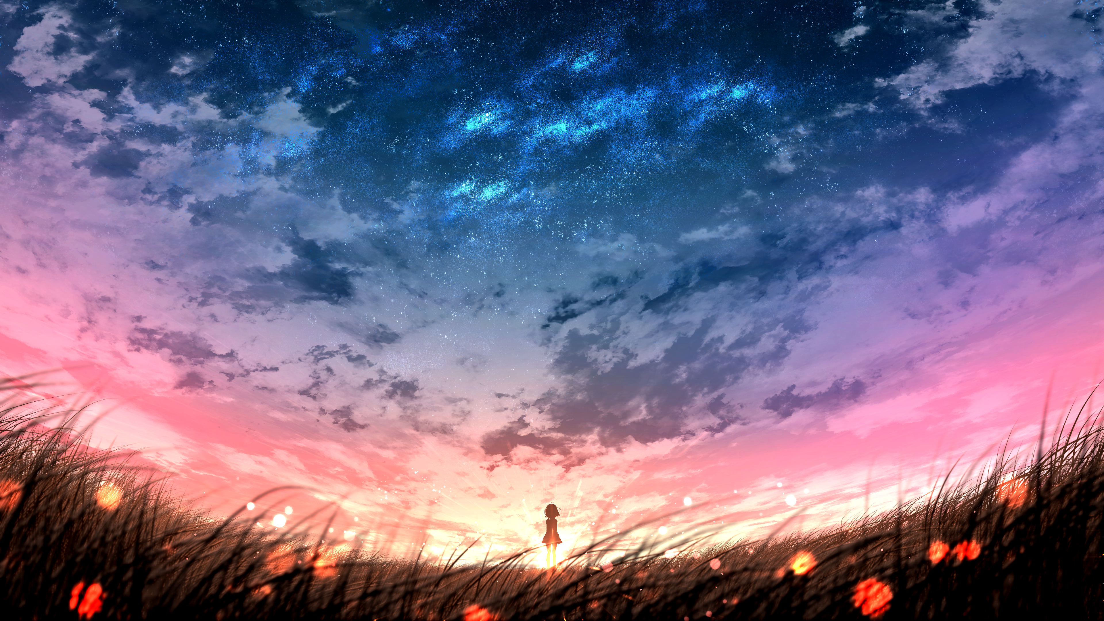 4K, sky, clouds, night, anime, field, sunlight, stars, outdoors, furi (Artist) HD Wallpaper