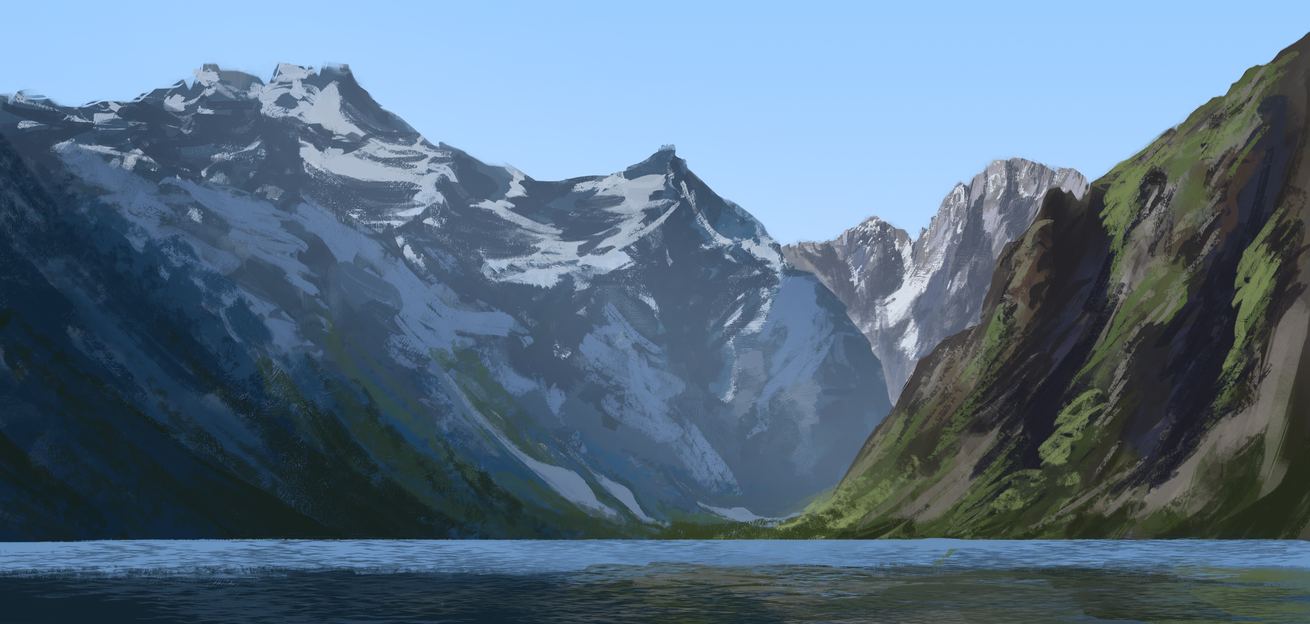 4K, nature, lake, New Zealand, digital painting, artwork, water, RuefulRaptor, mountains, landscape HD Wallpaper